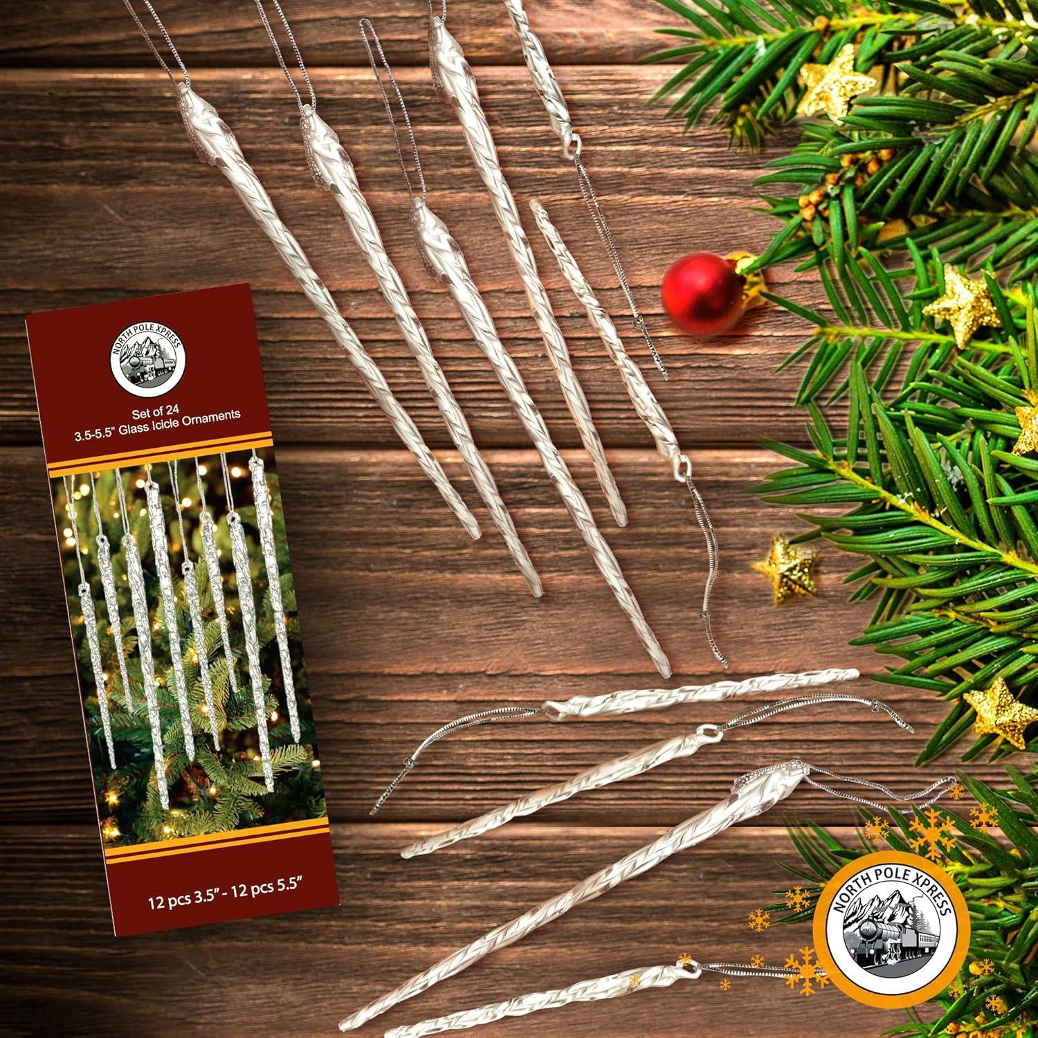 NorthPoleXpress Twisted Clear Glass Icicle Christmas Ornaments for Christmas Trees - Set of 24, Perfect for White Or Silver Crystal Winter Frost Look!