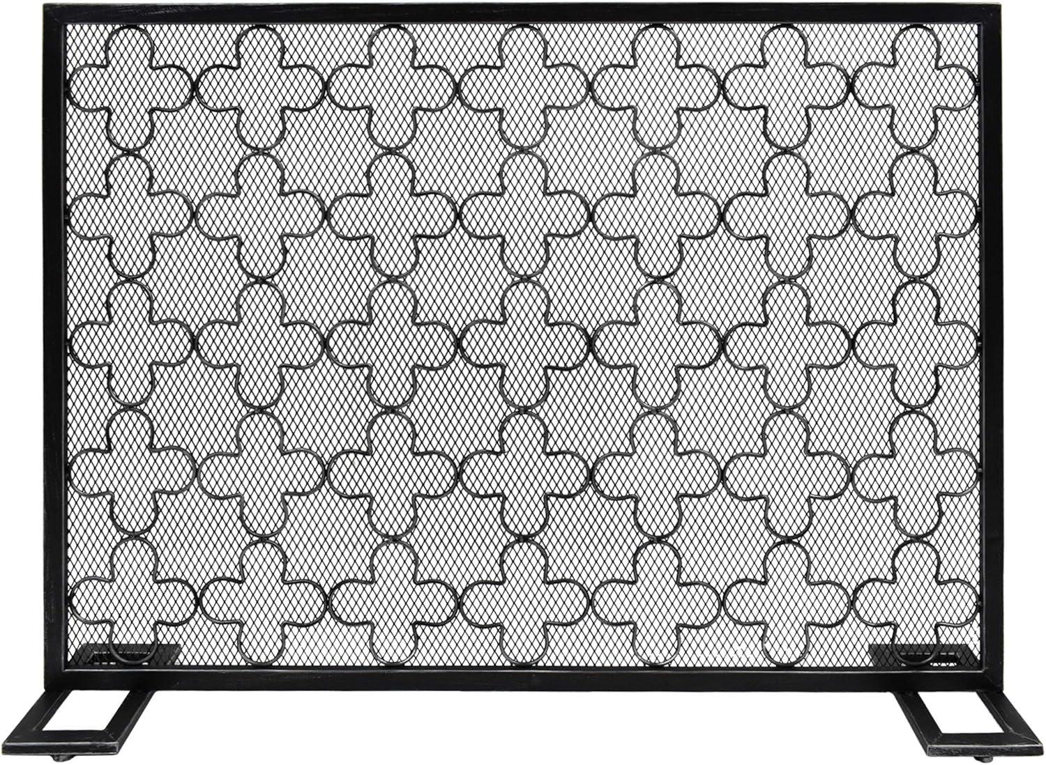 GDF Studio Pepperwood Modern Single Panel Iron Fireplace Screen, Black Brushed Silver
