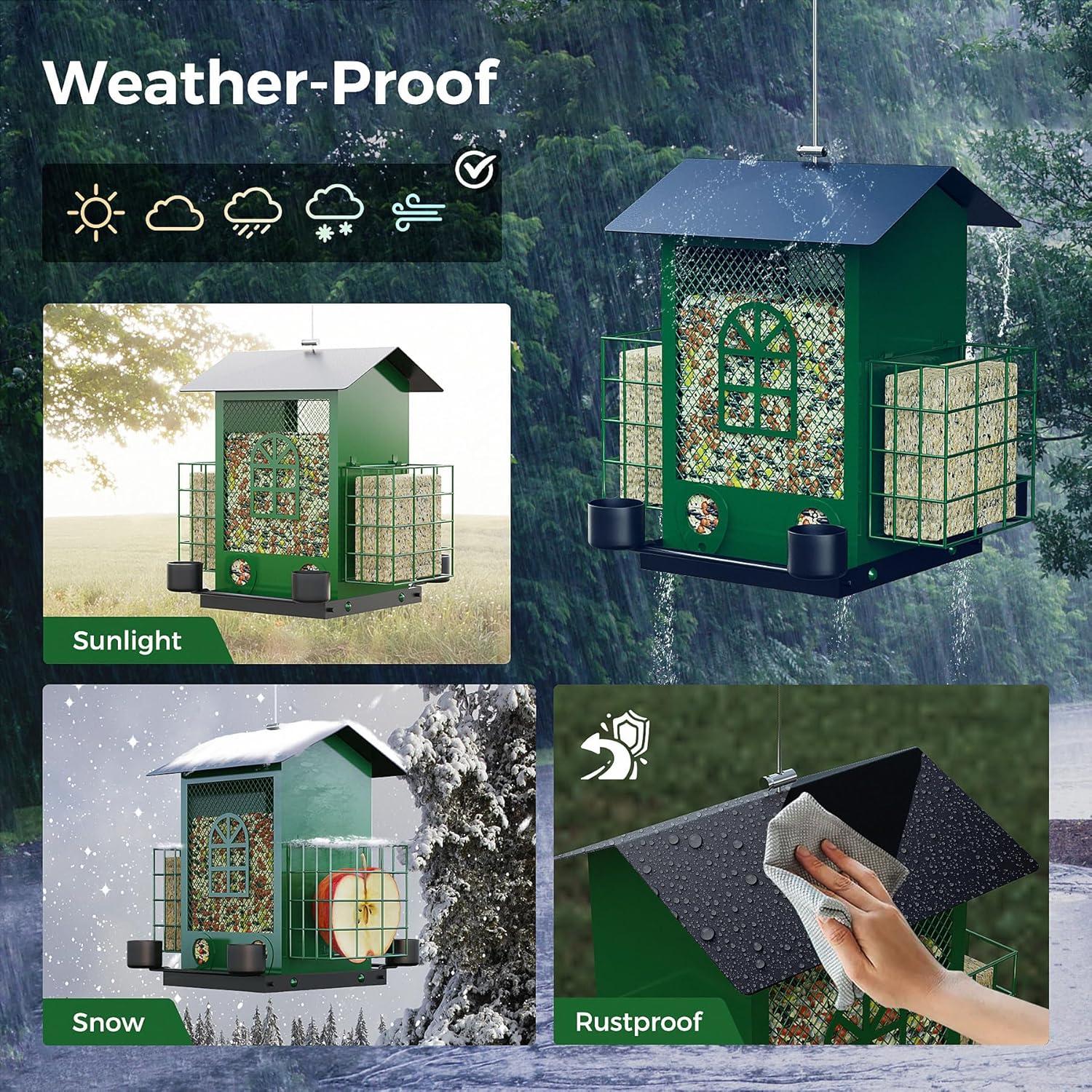 PerchMe®Bird Feeders for Outdoors Hanging, Metal Bird House Feeder with 2 Suet Cage and 4 Water Cups,Large Capacity,Weatherproof,Easy to Clean & Refill-Green