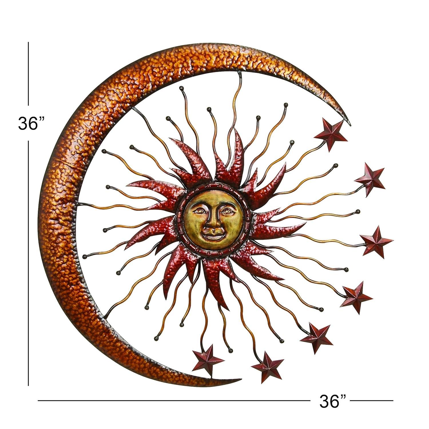 DecMode Copper Metal Indoor Outdoor Sun and Moon Wall Decor with Stars
