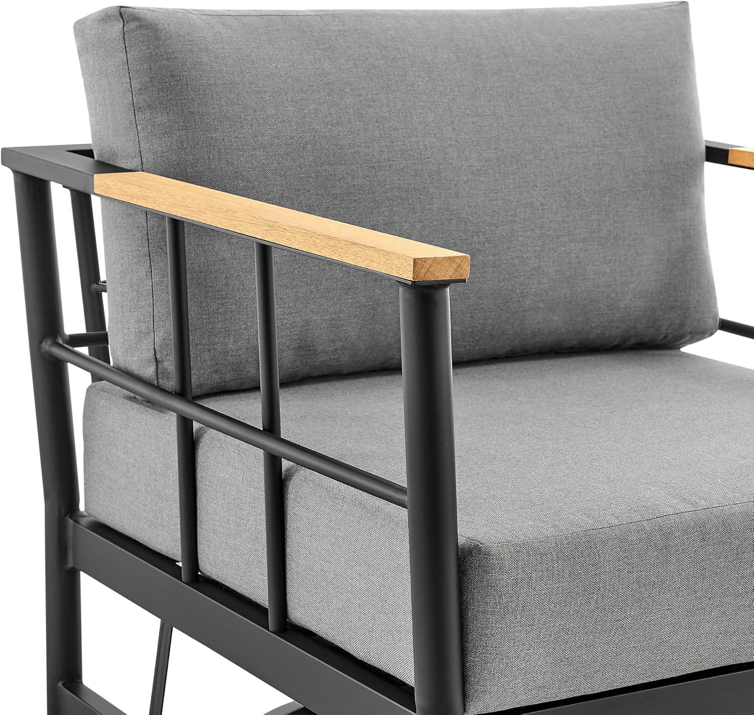 Shari Outdoor Patio Swivel Glider Lounge Chair in Black Aluminum and Teak Wood with Cushions