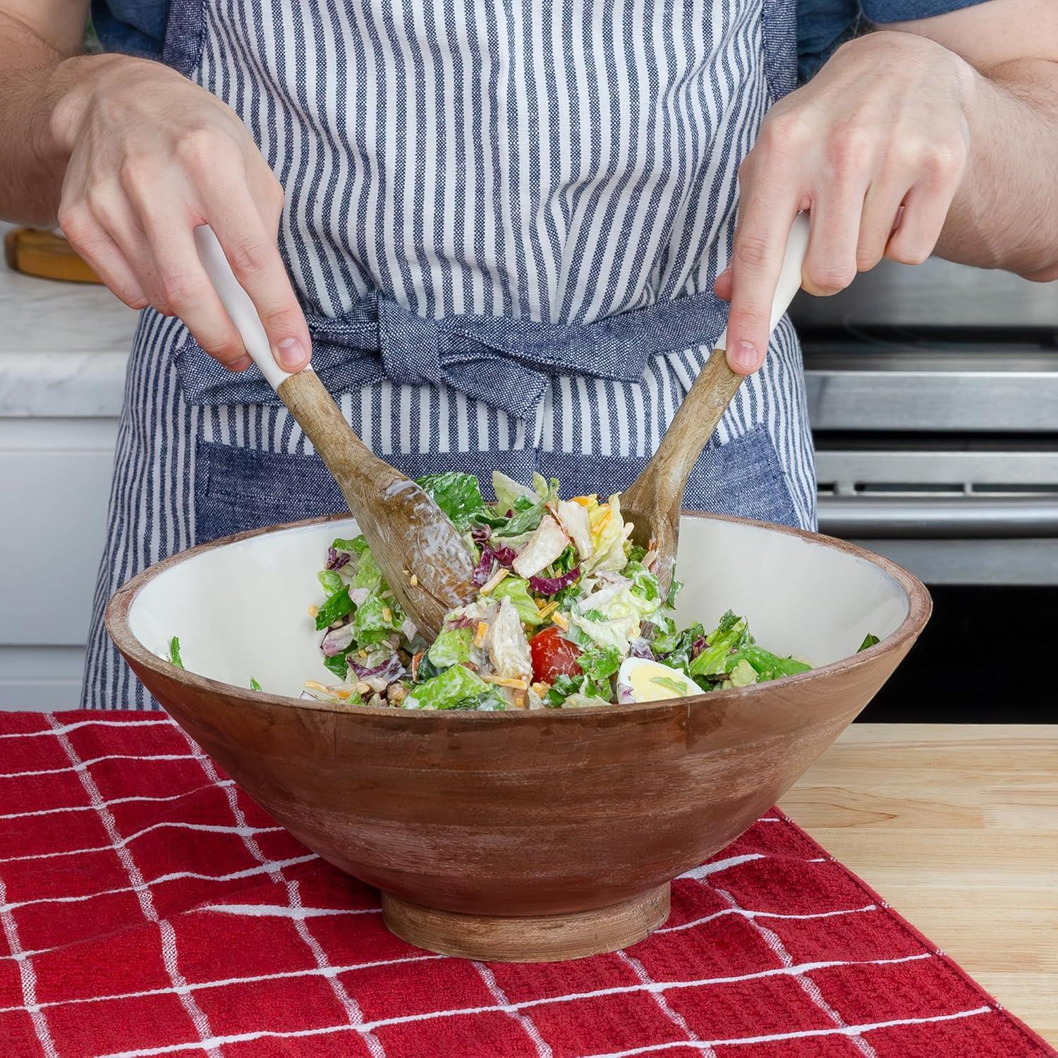 AuldHome Design Wooden Salad Bowl Set Large Serving Bowl w/ Utensils; Salad Serving Set in Mango Wood