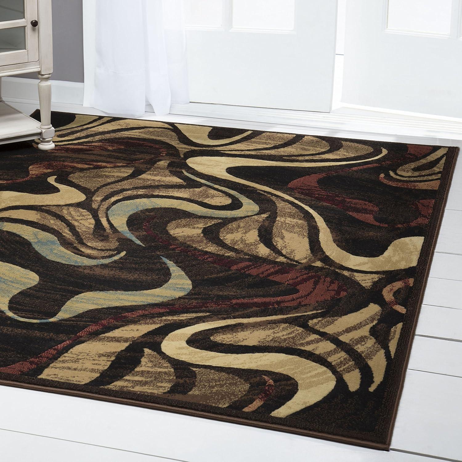 Abstract Swirl Black and Beige Easy-Care Synthetic Area Rug