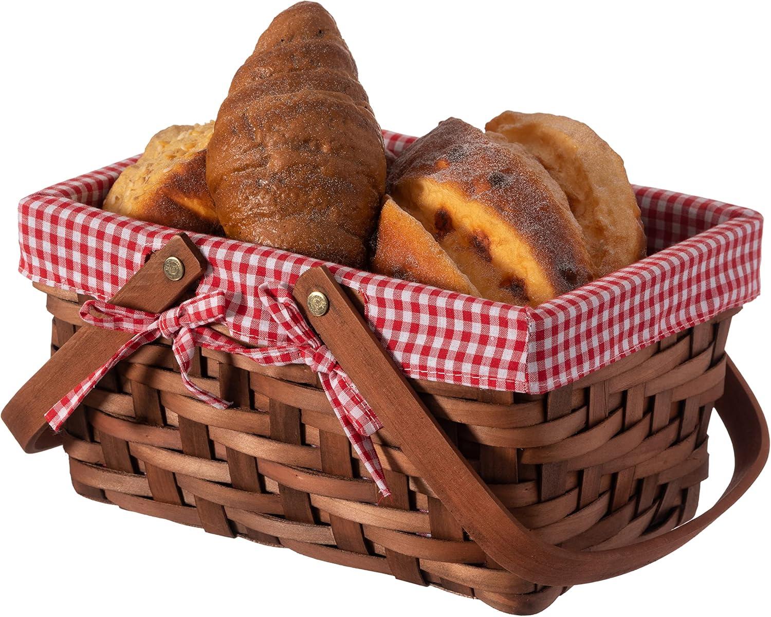 Classic Rectangular Wooden Storage Basket with Red Gingham Lining