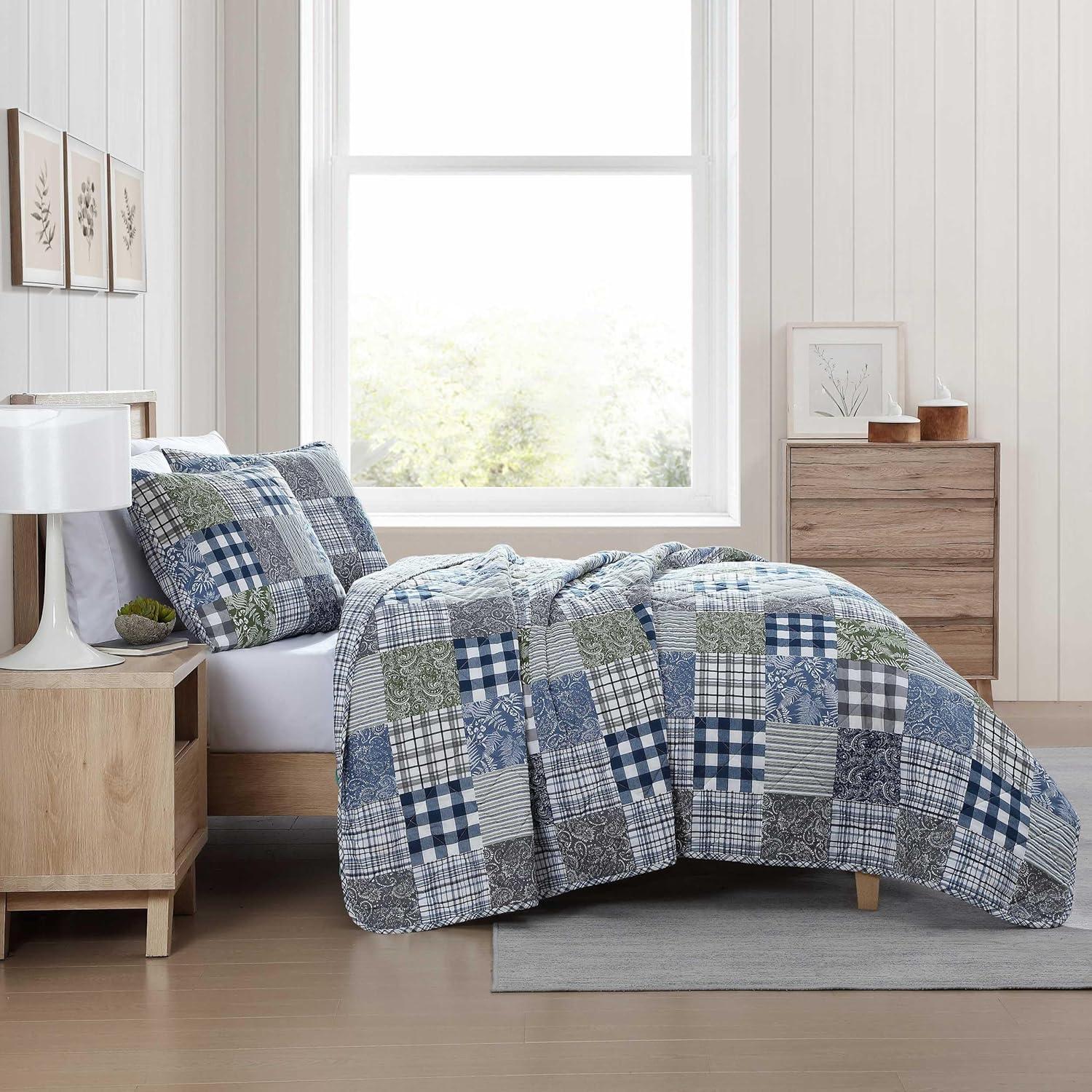 Eddie Bauer Cozy Plaid Patchwork 100% Cotton Quilt Set Blue