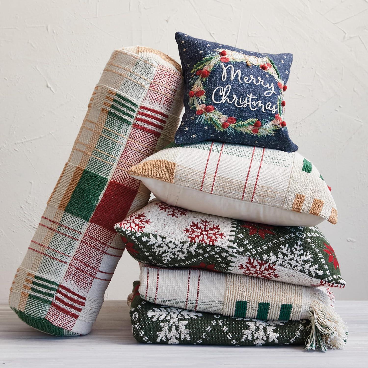 Square Cotton Printed Pillow With Wreath, Embroidery, Beads And Pom Poms "Merry Christmas"