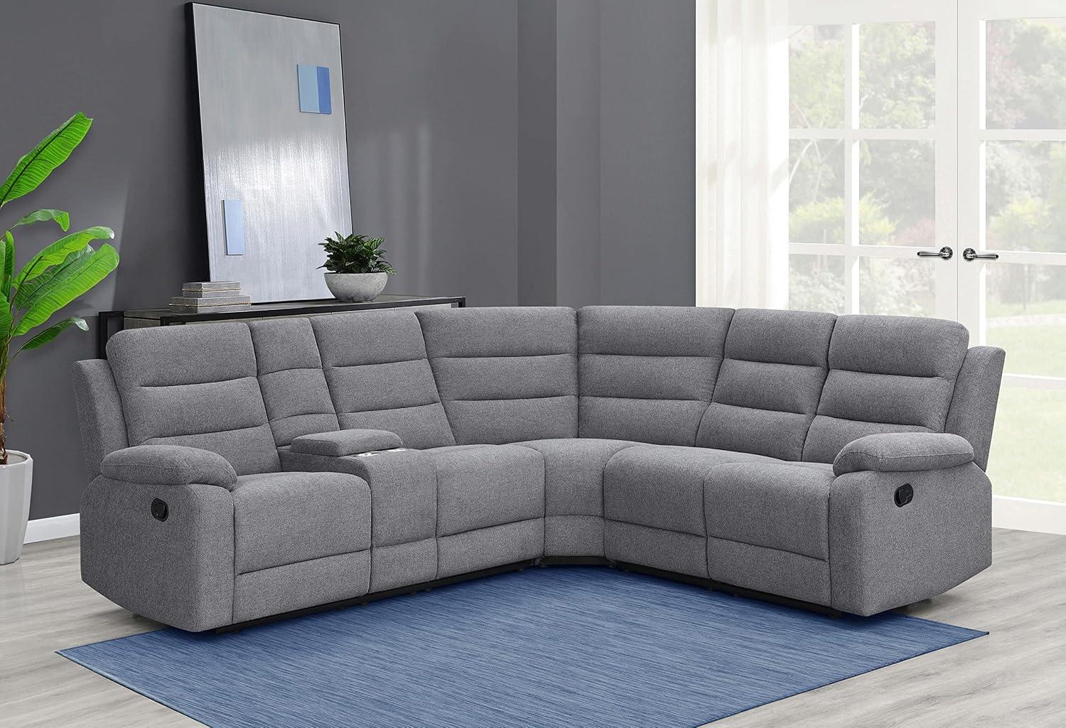 Gray Three-Piece Fabric Sectional with Pillow-top Arm and Cup Holder