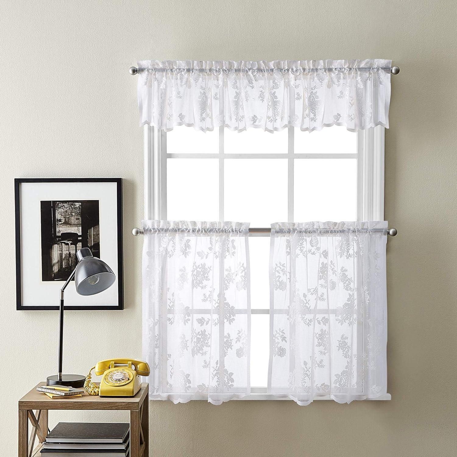 White Floral Lace Sheer Rod Pocket Tier Curtains, 56"x36"