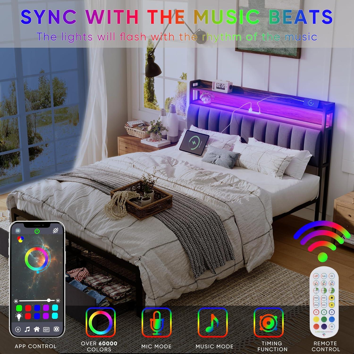 Orren Ellis Full Bed Frame With Storage Headboard And Drawers, Full Size Led Platform Bed Frame, Led Upholstered Bed Frame With Charging Station