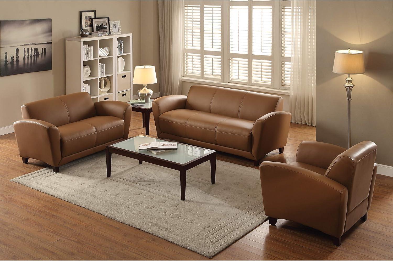 Tan Faux Leather Pillow Back Reception Loveseat