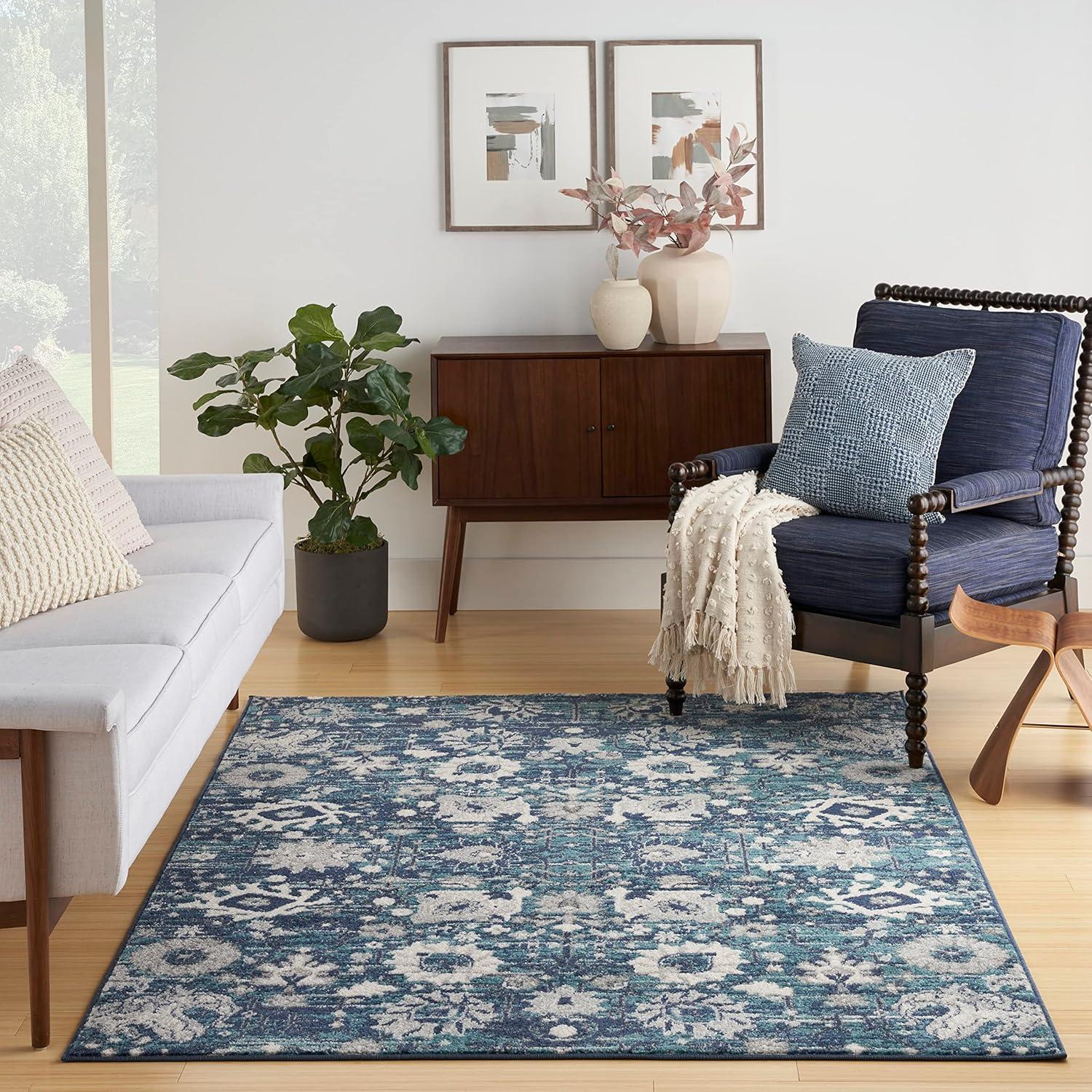 Boho Chic Denim Blue Floral 8' x 10' Easy-Care Area Rug