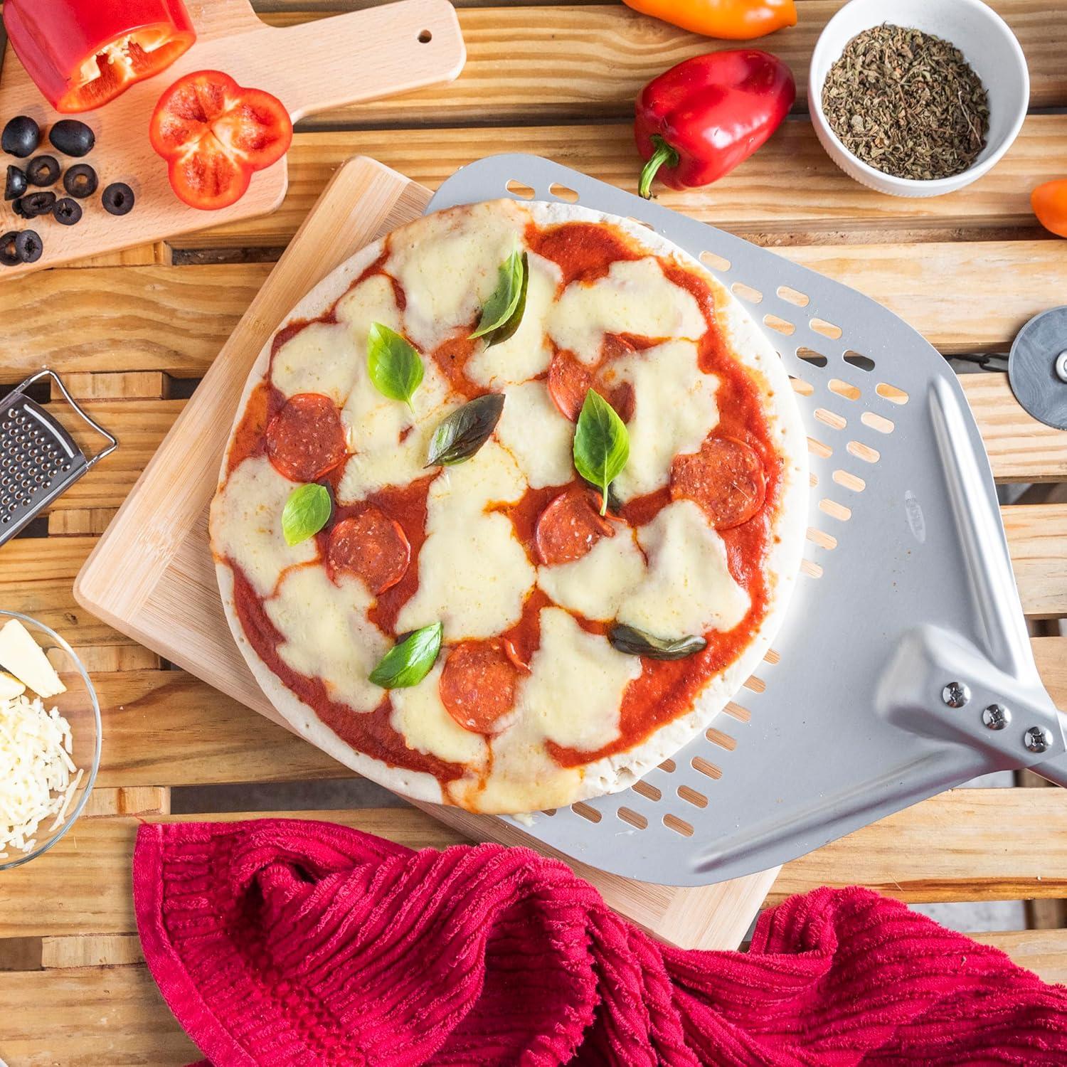 TKC Perforated Pizza Peel 14 Inch, Professional Aluminum Pizza Turning Peel, Long Handle Metal Pizza Spatula for Indoor and Outdoor, Lightweight Non-Stick, Ooni Pizza Oven Accessories