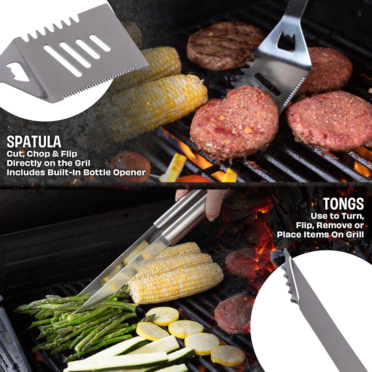 BBQ Grill Accessories Kit - 19-Piece Stainless-Steel Grilling Tools Set with Carrying Case - Camping Utensils for Summer Outdoor Cooking by Chef Buddy