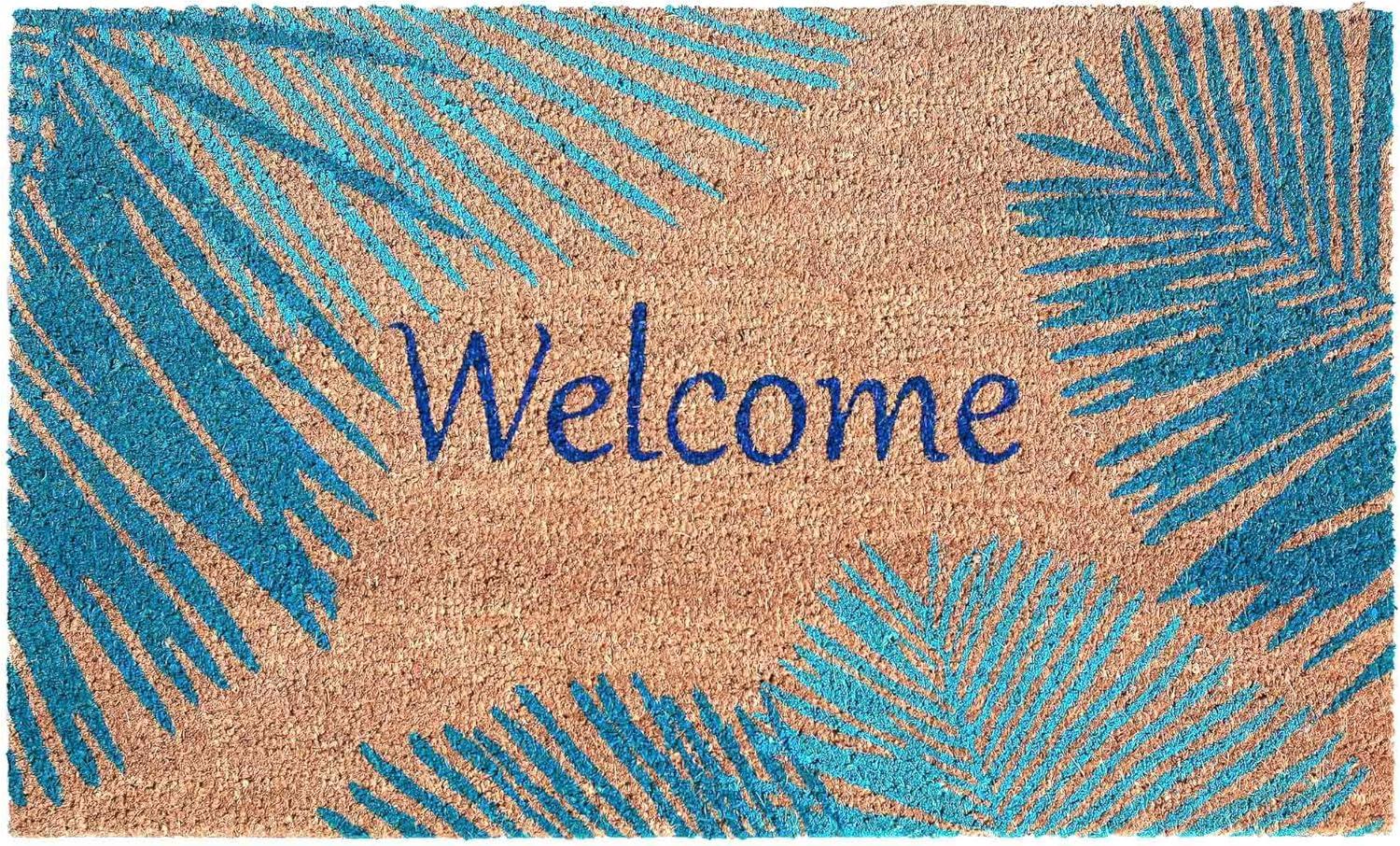 Blue Coir Outdoor Doormat with Palm Border, 24" x 36"