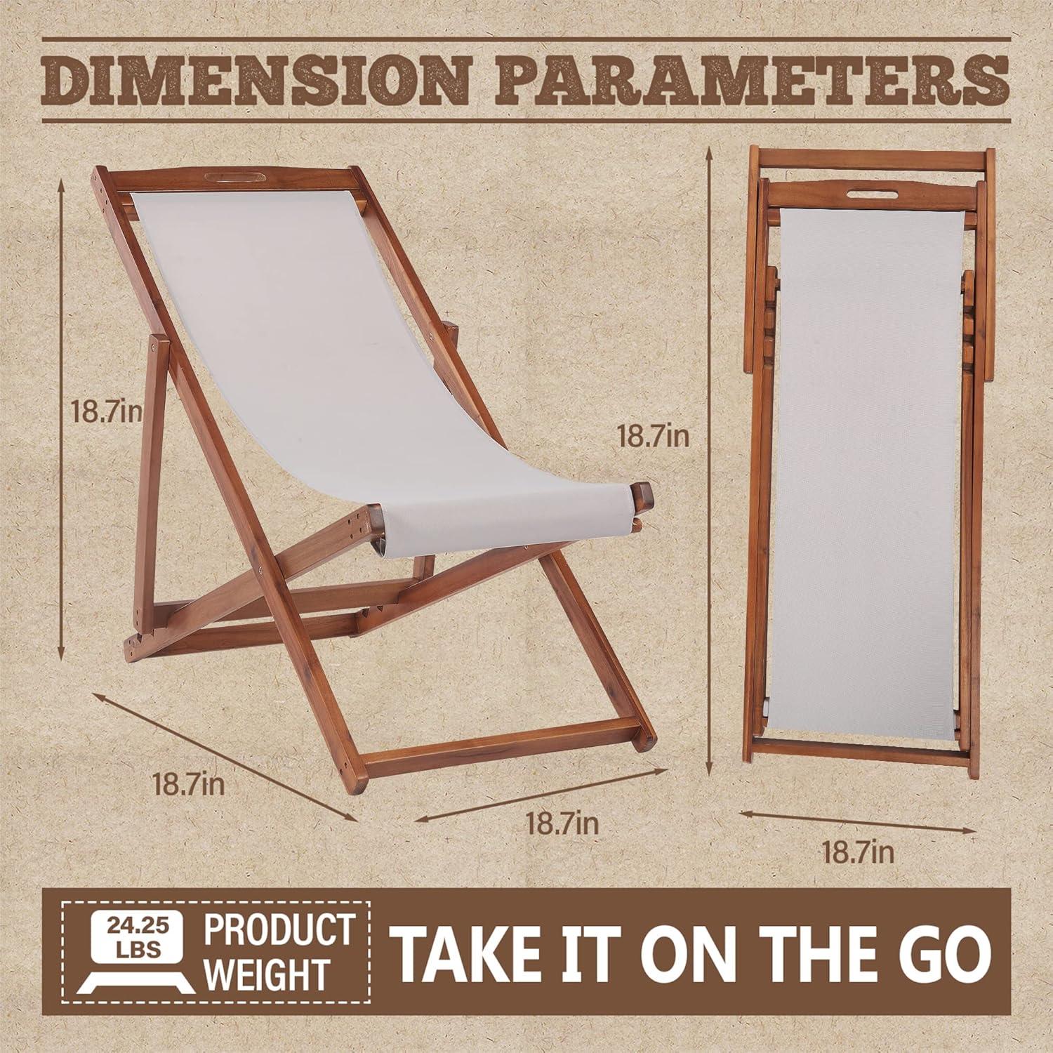 FDW Beach Sling Patio Chair for Relaxing, Foldable with Adjustable Height Made from Eucalyptus Wood with White Polyester,Khaki