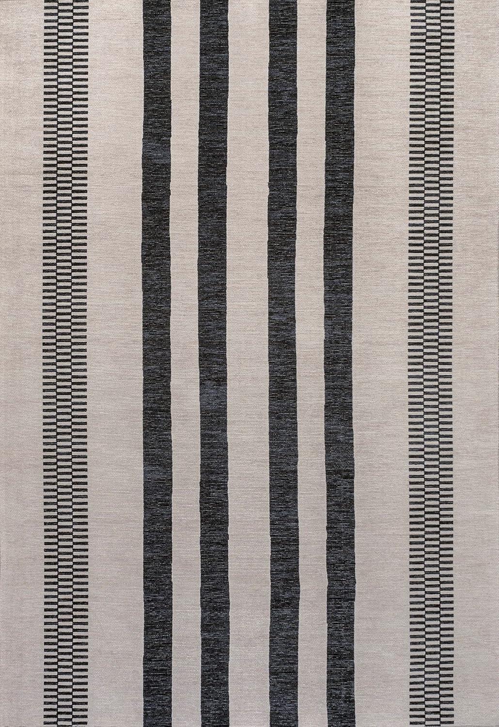 Cream and Black Striped Synthetic 3' x 5' Washable Area Rug