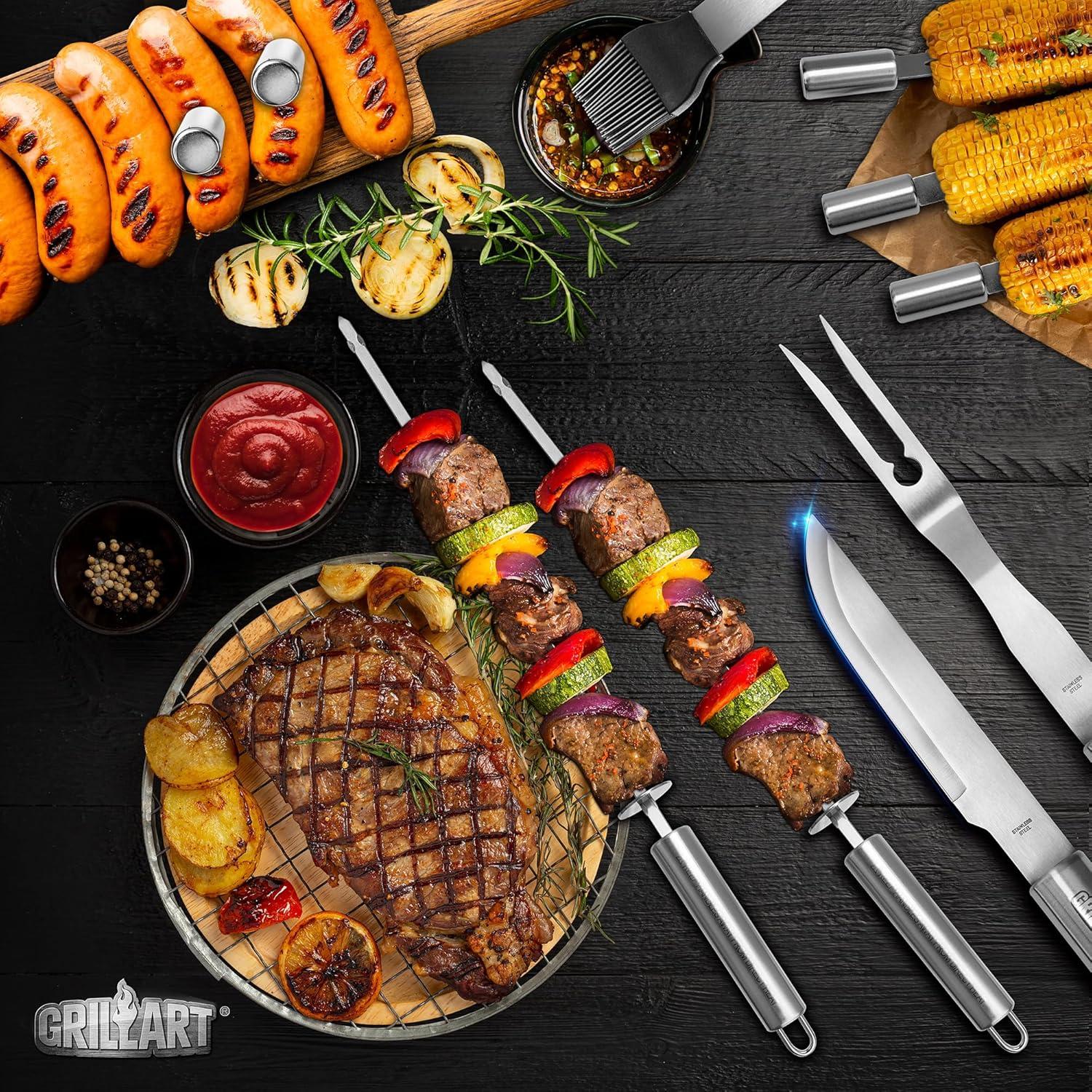 BBQ Grill Utensil Tools Set - GRILLART Reinforced BBQ Tongs 19-Piece Stainless-Steel Barbecue Grilling Accessories with Aluminum Storage Case -Complete Outdoor Grill Kit for Dad  Birthday