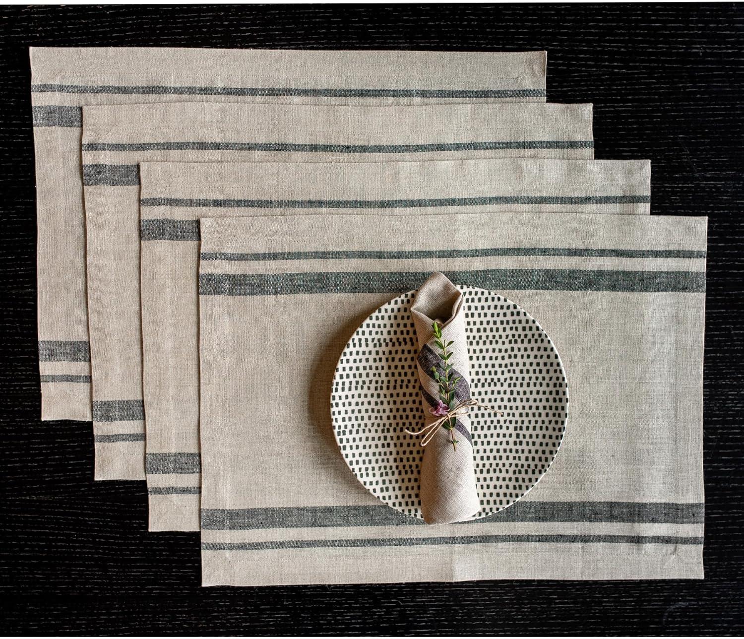 Black and Natural French Stripe Linen Placemats Set of 4