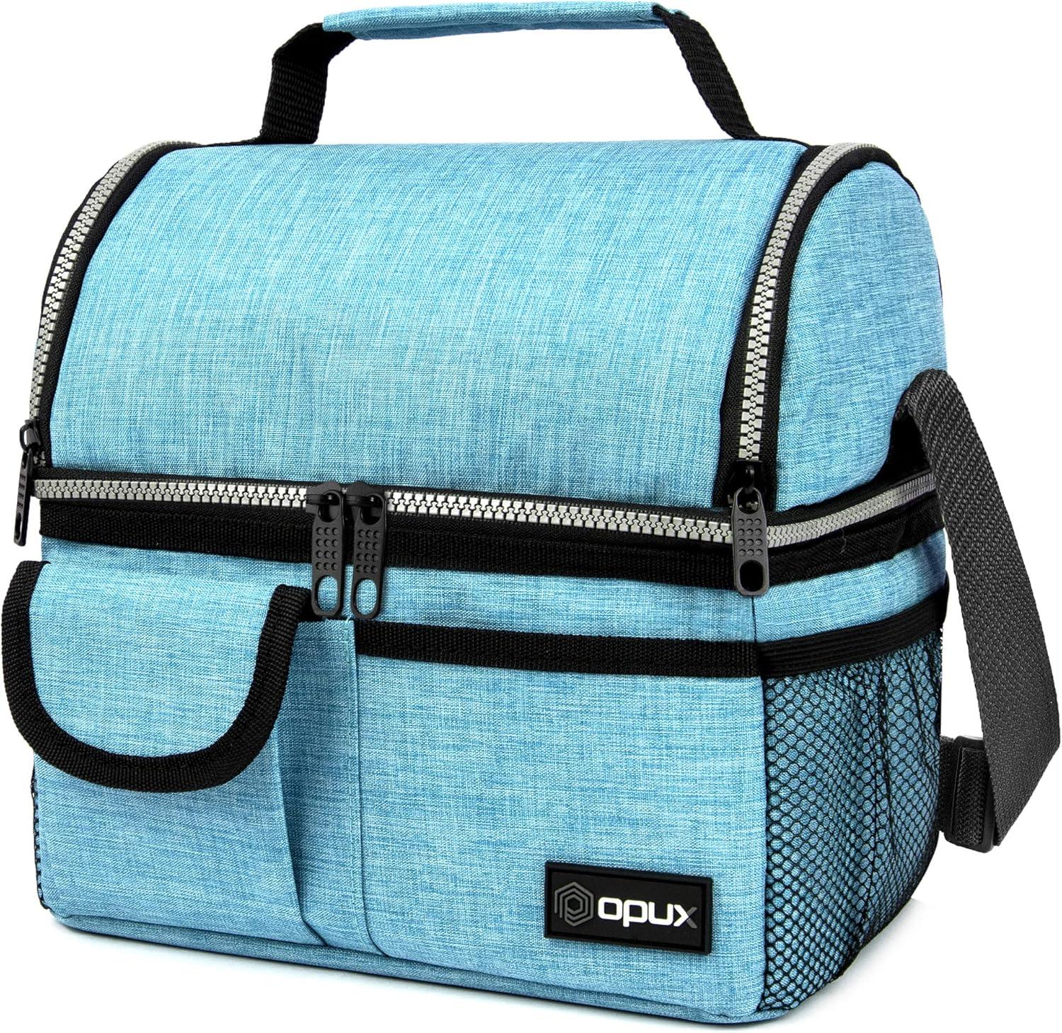 OPUX Insulated Dual Compartment Lunch Bag, Leakproof Soft Cooler Box Women Men Adult, Reusable Tote Pail Kids Boys Girls School (Heather Sea Blue)