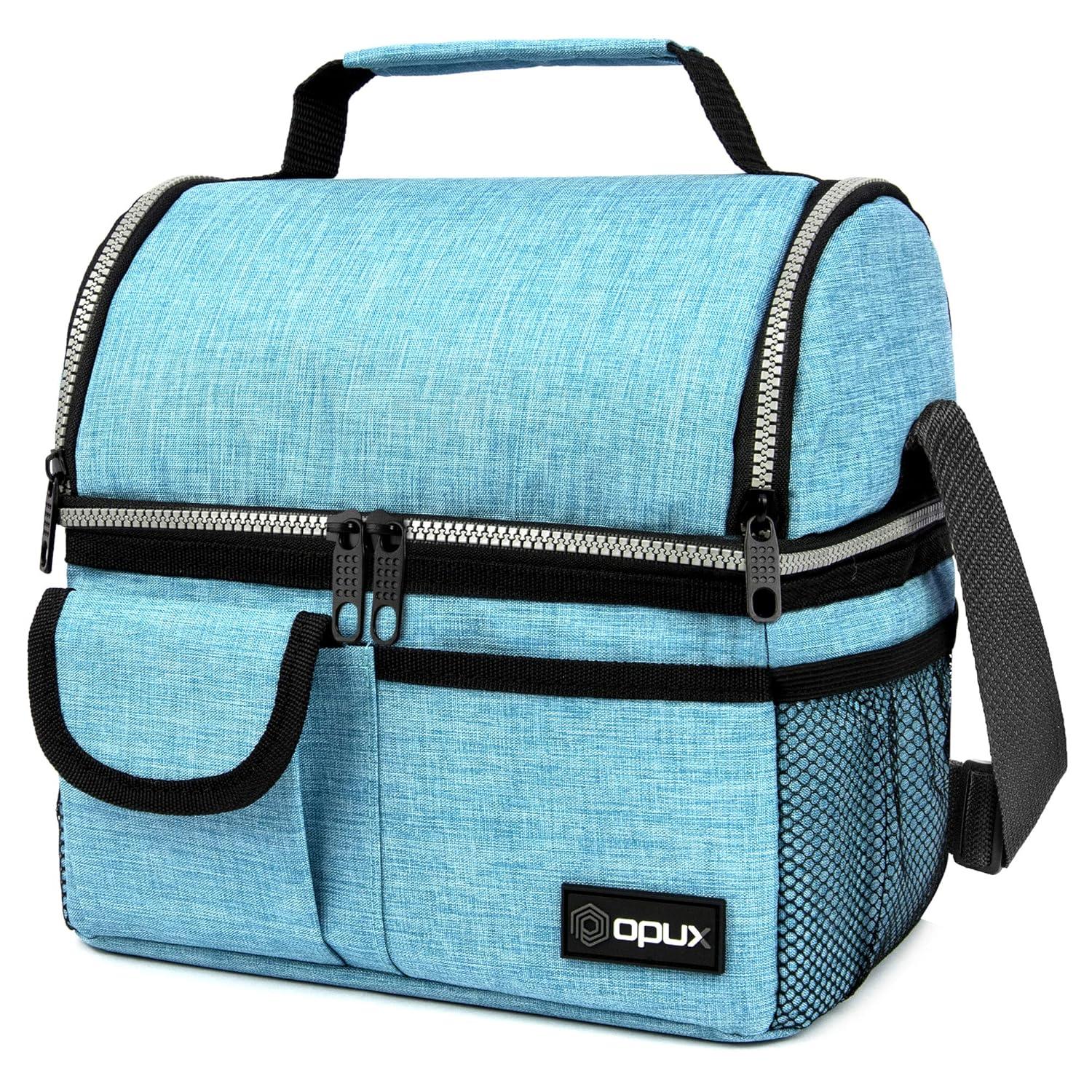 OPUX Insulated Dual Compartment Lunch Bag, Leakproof Soft Cooler Box Women Men Adult, Reusable Tote Pail Kids Boys Girls School (Heather Sea Blue)