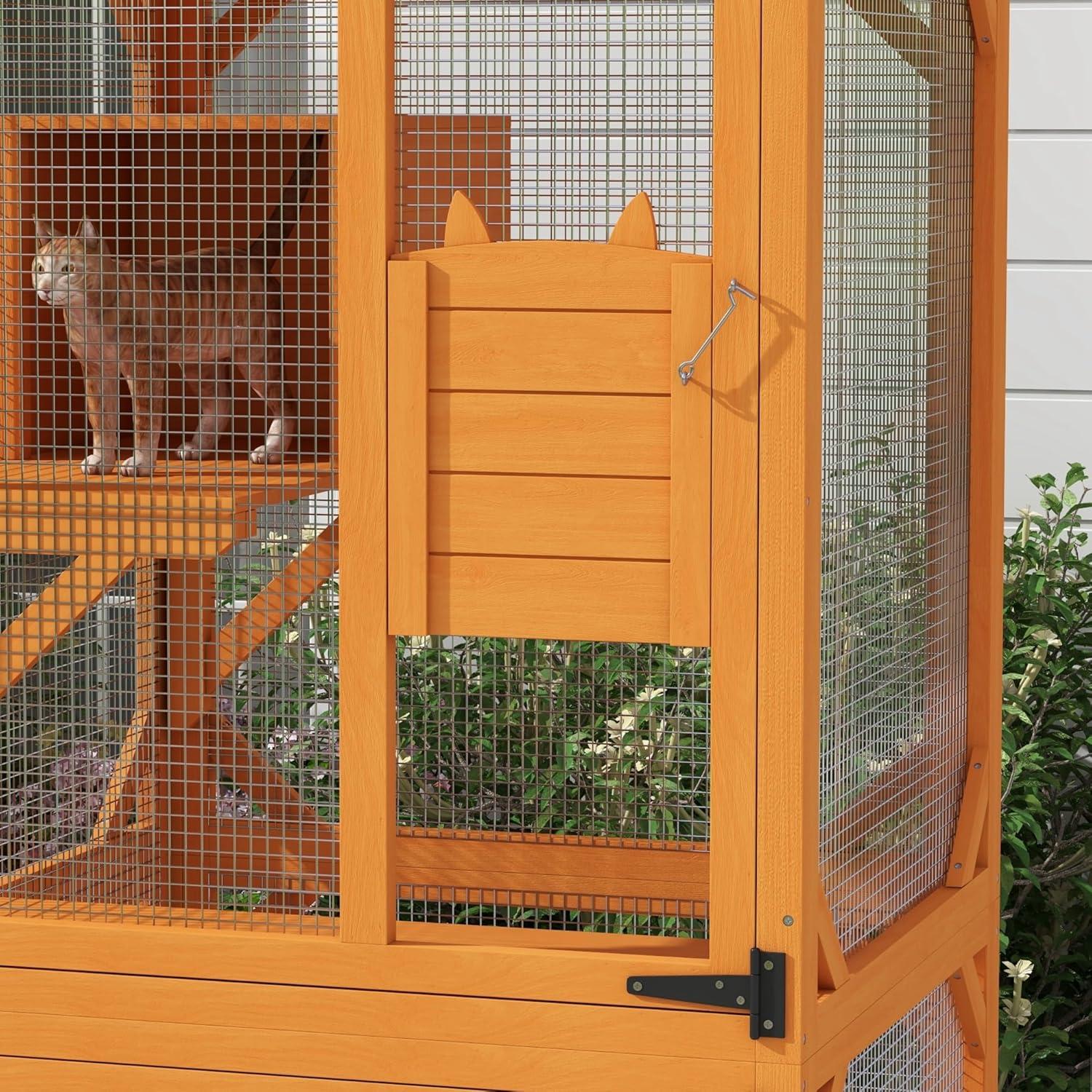 PawHut Catio Outdoor, Large Cat Enclosure, Wooden Kitten House, Elevated Design, with Wheels, Water-Resistant, Multi Platforms, for 1-3 Cats, Orange