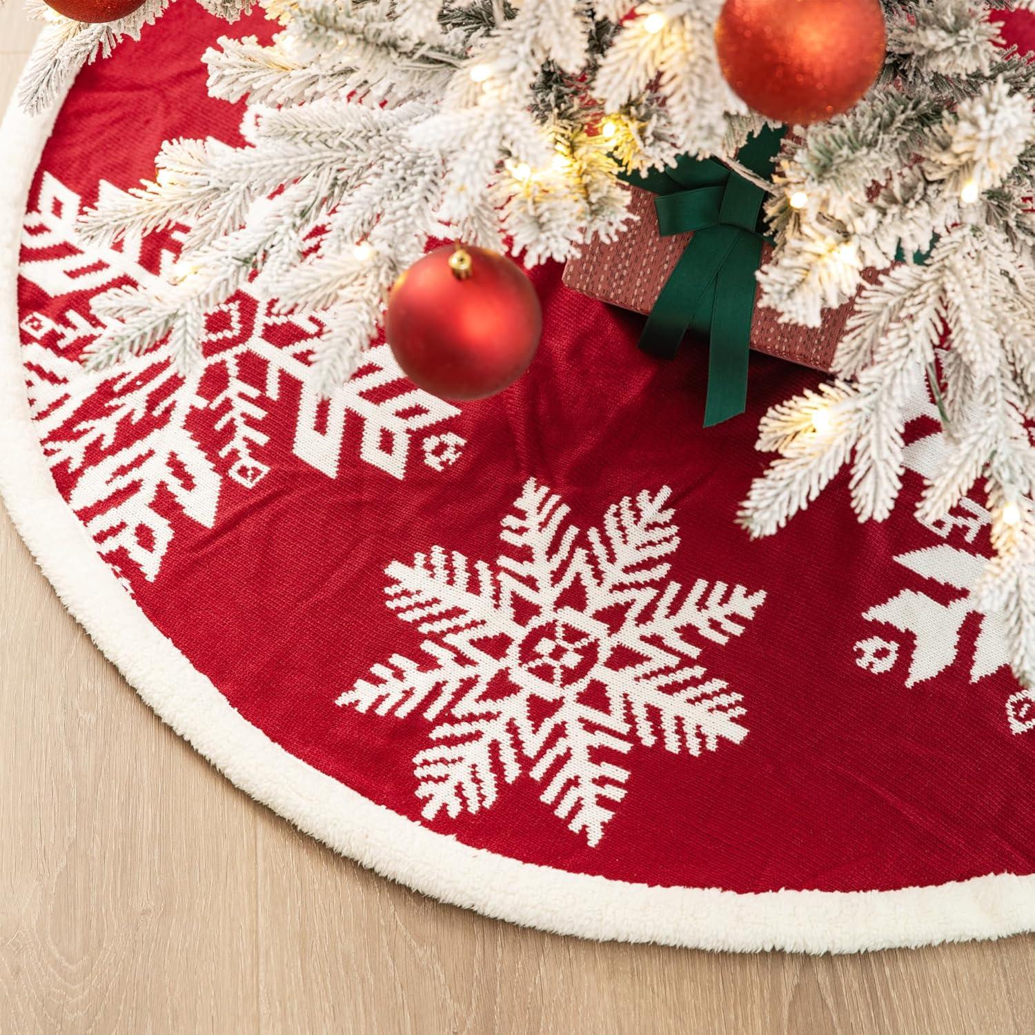 Red and White Knitted Snowflake Christmas Tree Skirt, 48 Inches