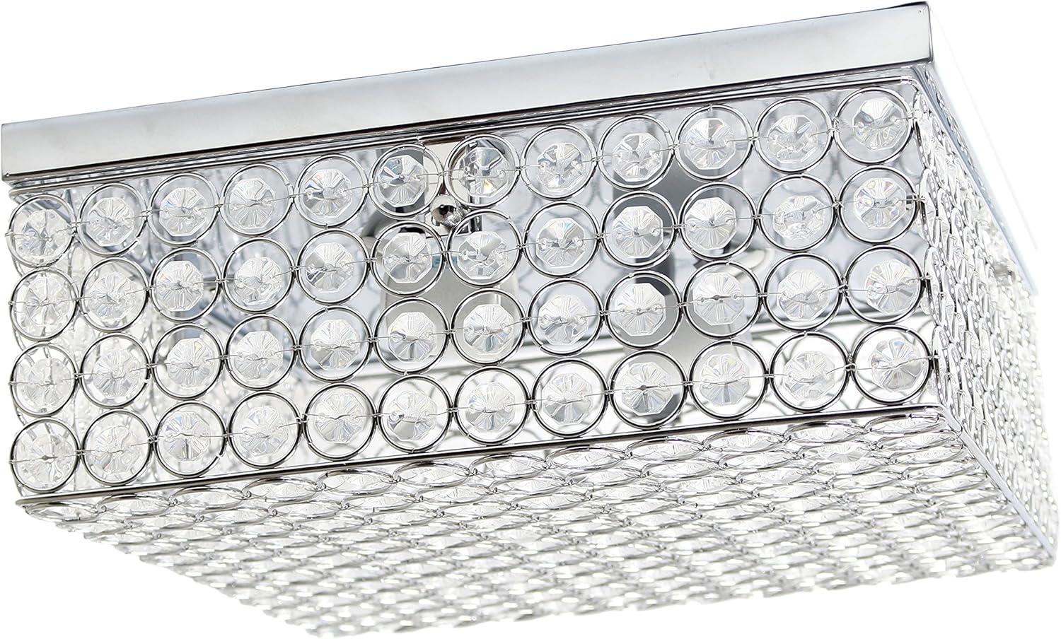 Elegant Designs Elipse Crystal 12" Modern Metal 2 Light Squared Ceiling Flush Mount Fixture, Chrome