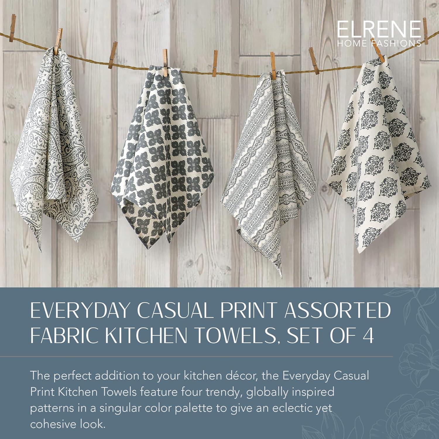 Elrene Everyday Casual Prints Assorted Cotton Fabric Kitchen Towels, Set of 4 - 16" x 26" - Elrene Home Fashions