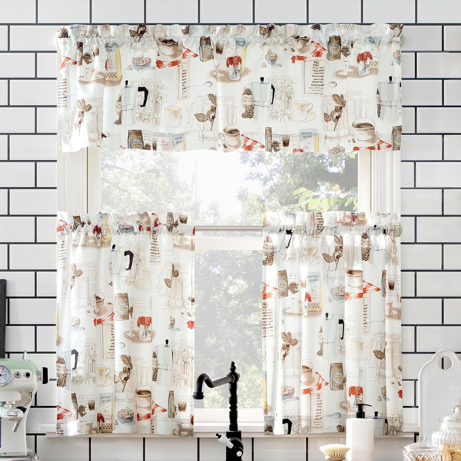 24"x54" Brew Coffee Shop Semi Sheer Rod Pocket Kitchen Curtain Valance and Tiers Set White - No. 918