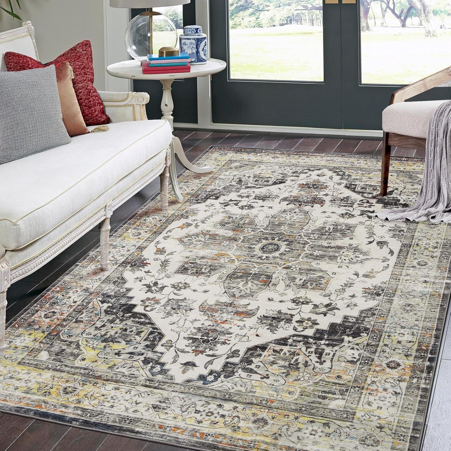 Garvee 9' x 12' Large Rug Vintage Persian Area Rugs Distressed Print Carpet Floral Pattern Rug No-Slip Low Pile Rug Living Room Bedroom Rug, Gray