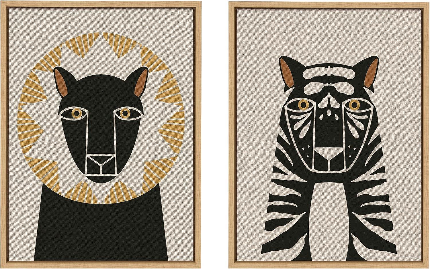 Neutral Linen Lion and Tiger Canvas Wall Art Set