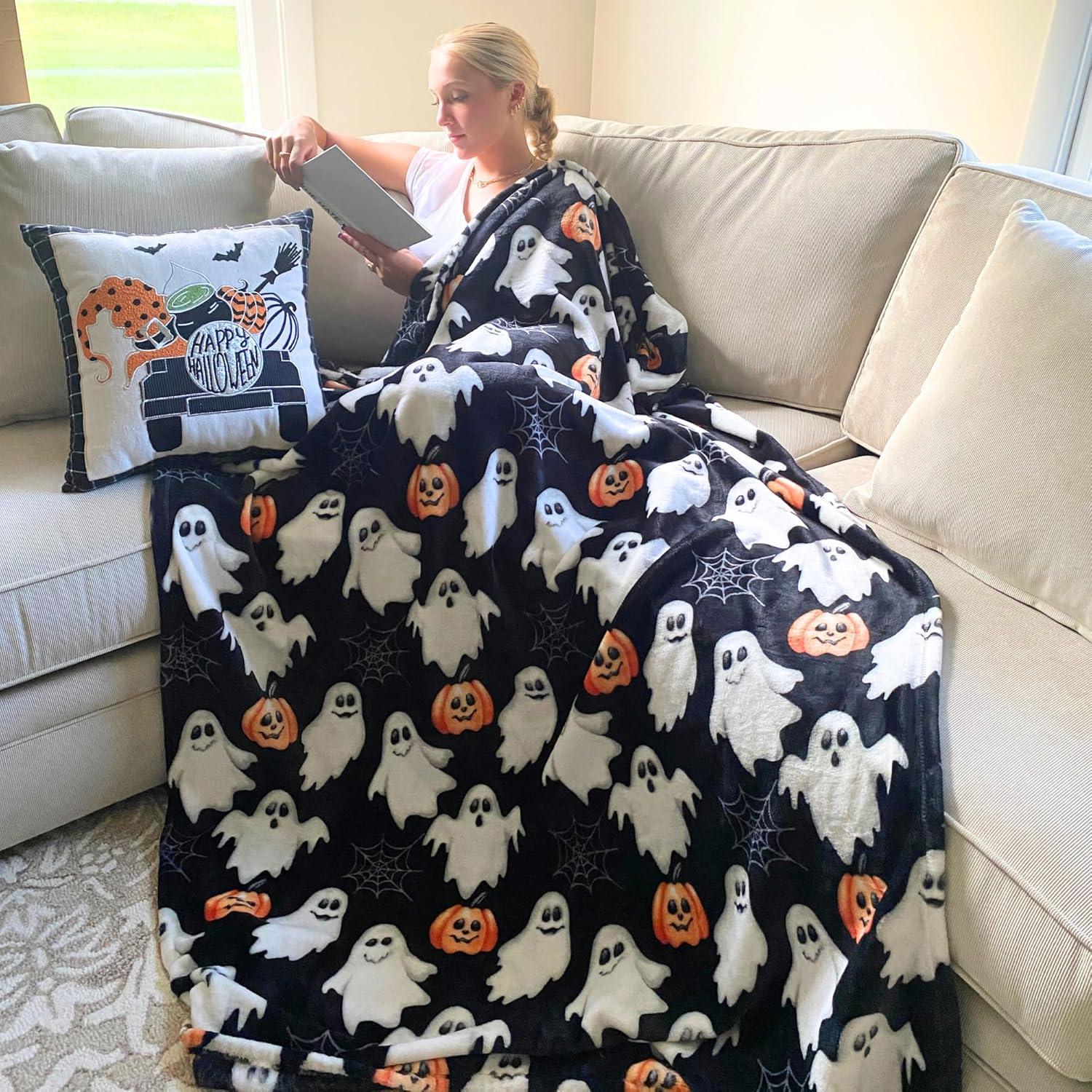 RT Designer's Collection Halloween Pumpkin Ghost Printed Flannel Throw Blanket 50" x 70" Multicolor