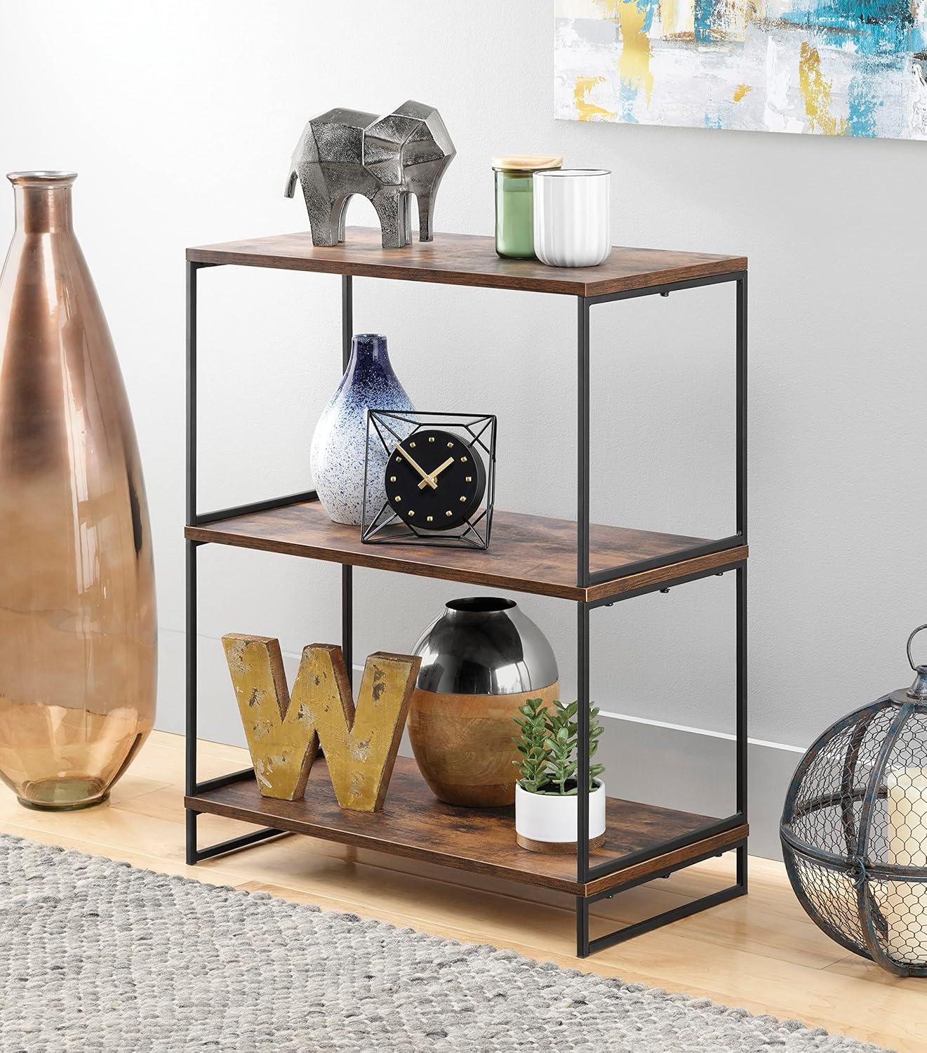 Whitmor Modern Industrial 3-Tier Shelf - Black with Woodgrain Laminate Shelves