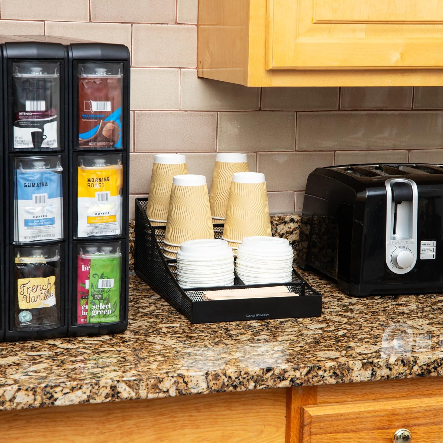 Mind Reader Mind Reader Cup and Condiment Station, Countertop Organizer, Coffee Bar, Kitchen, Metal Mesh, 8.5"L x 14.5"W x 5.25"H