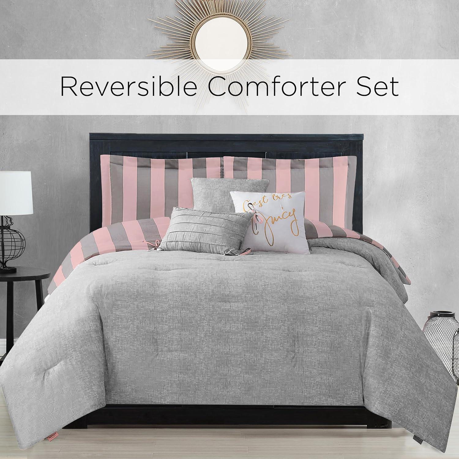 Full Size Grey and Pink Microfiber Reversible Comforter Set