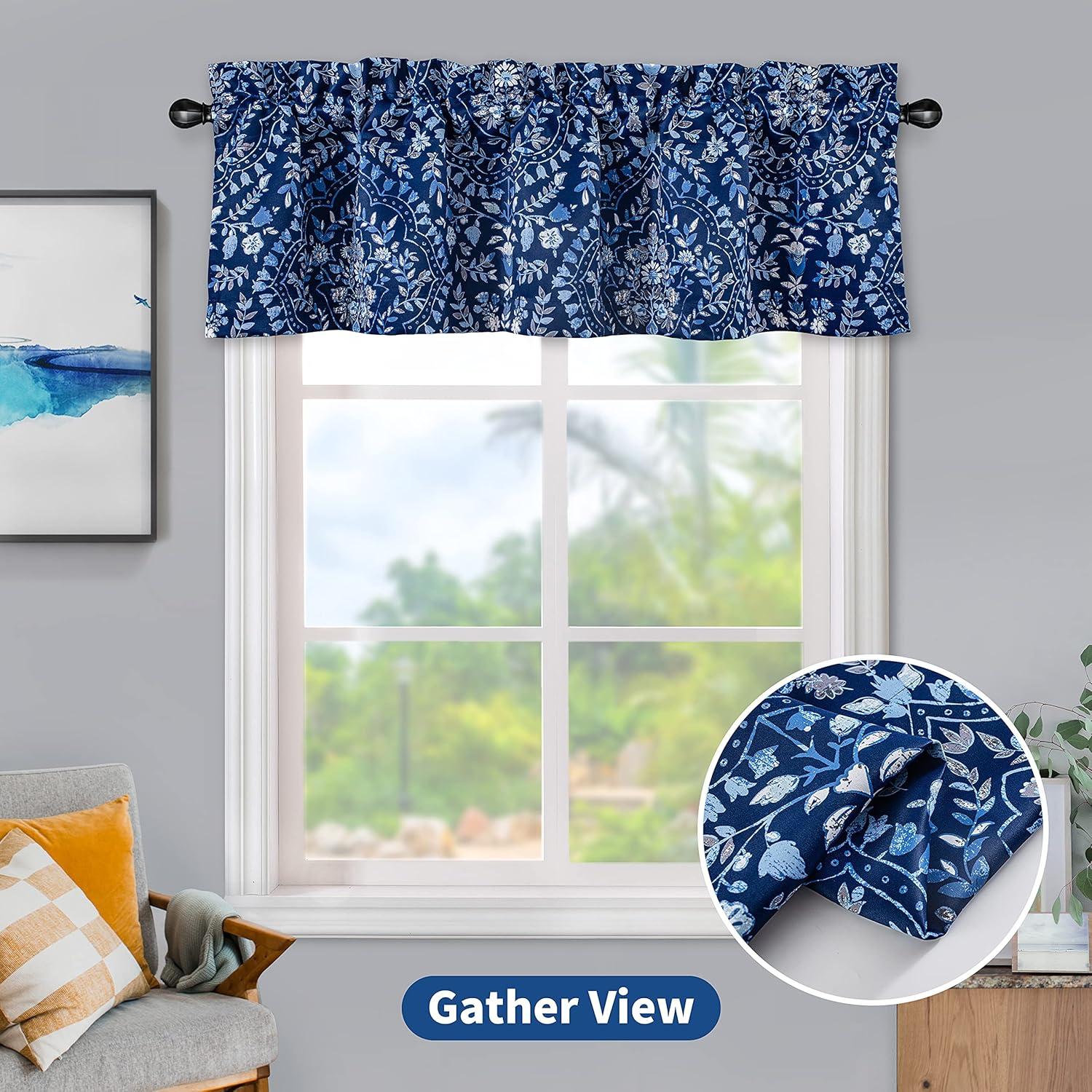 Navy Blue Floral Damask Blackout Rod Pocket Valance 52" x 14"