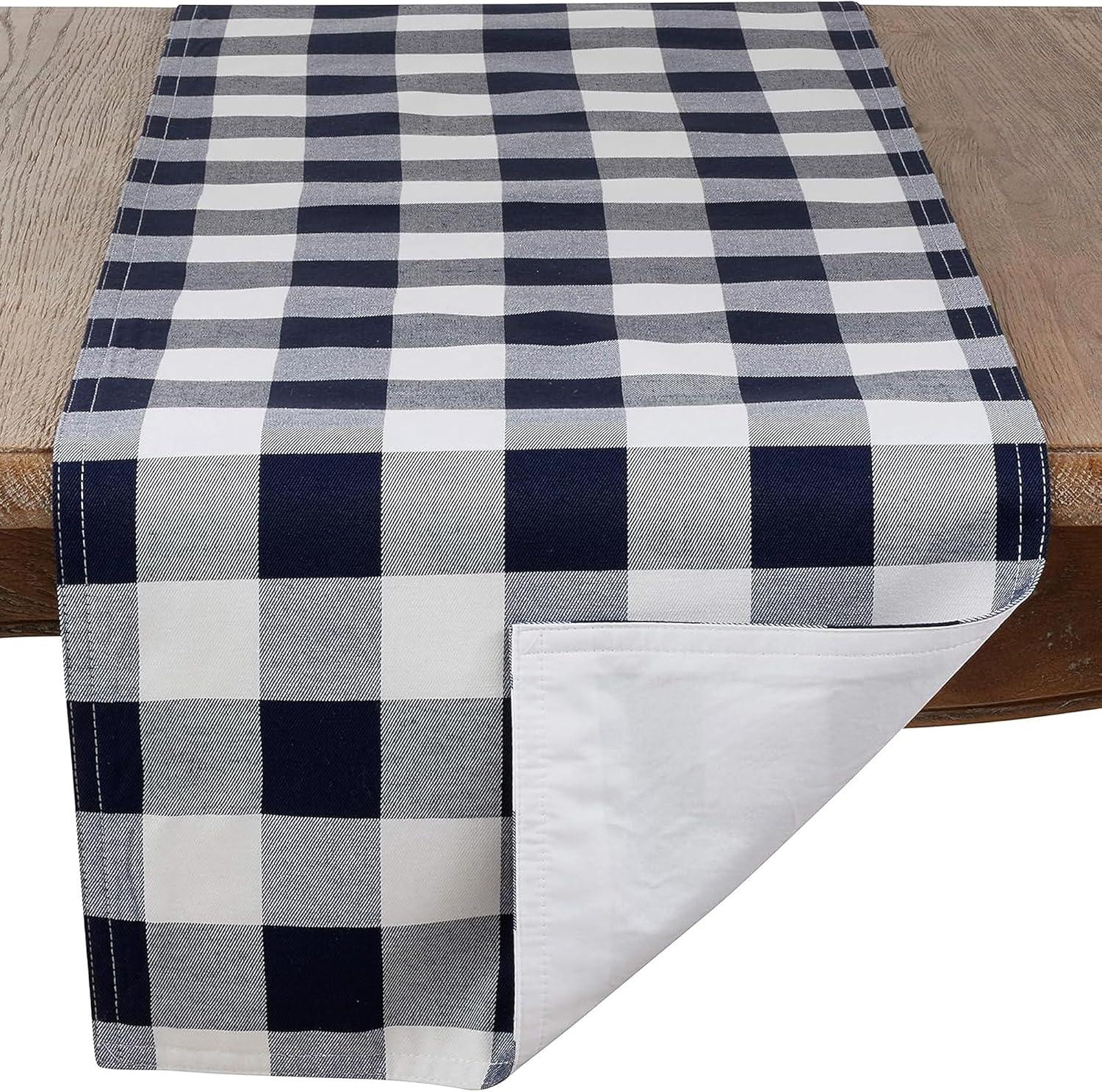 Saro Lifestyle Cotton And Poly Blend Table Runner With Plaid Design, Navy Blue, 16" x 72"