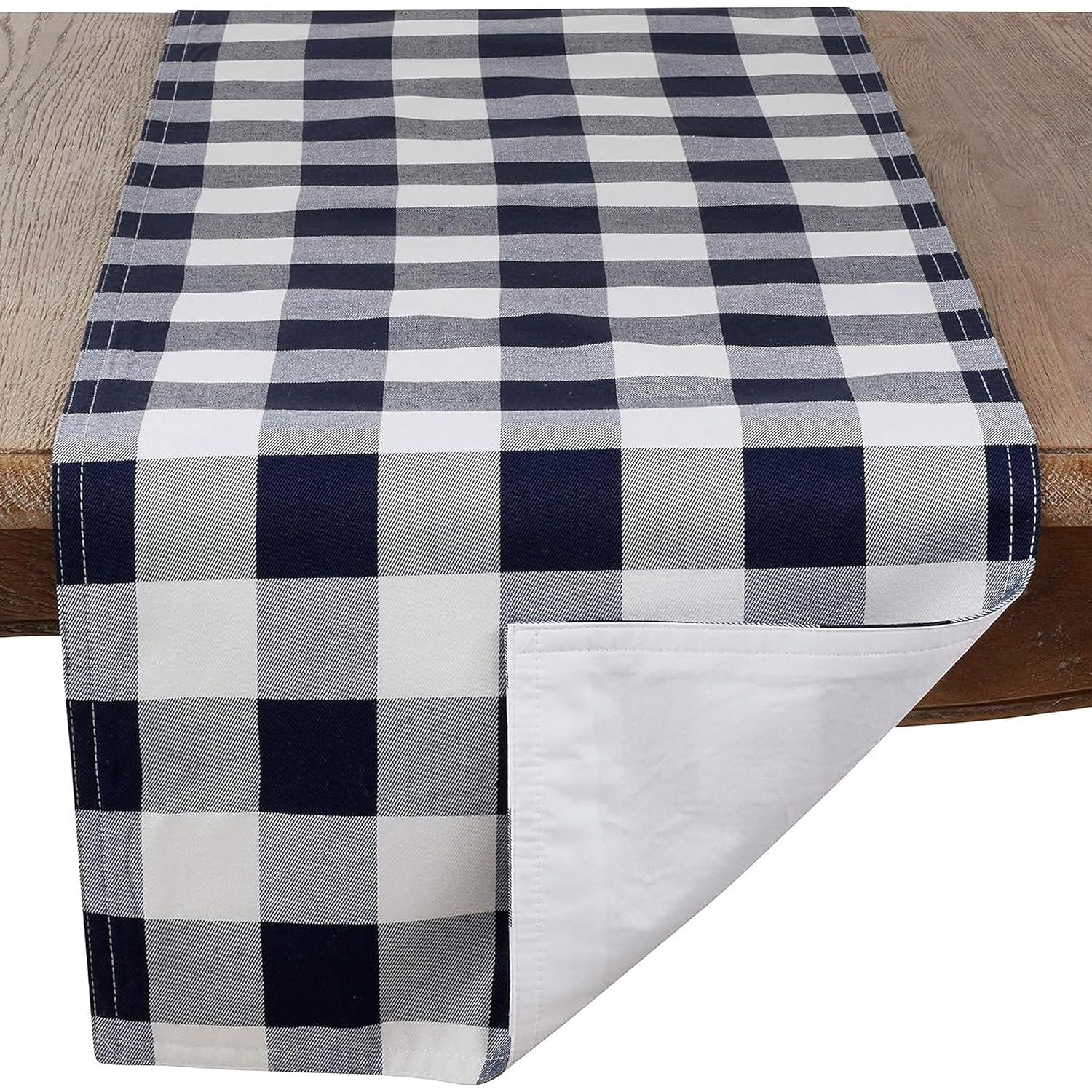 Saro Lifestyle Cotton And Poly Blend Table Runner With Plaid Design, Navy Blue, 16" x 72"