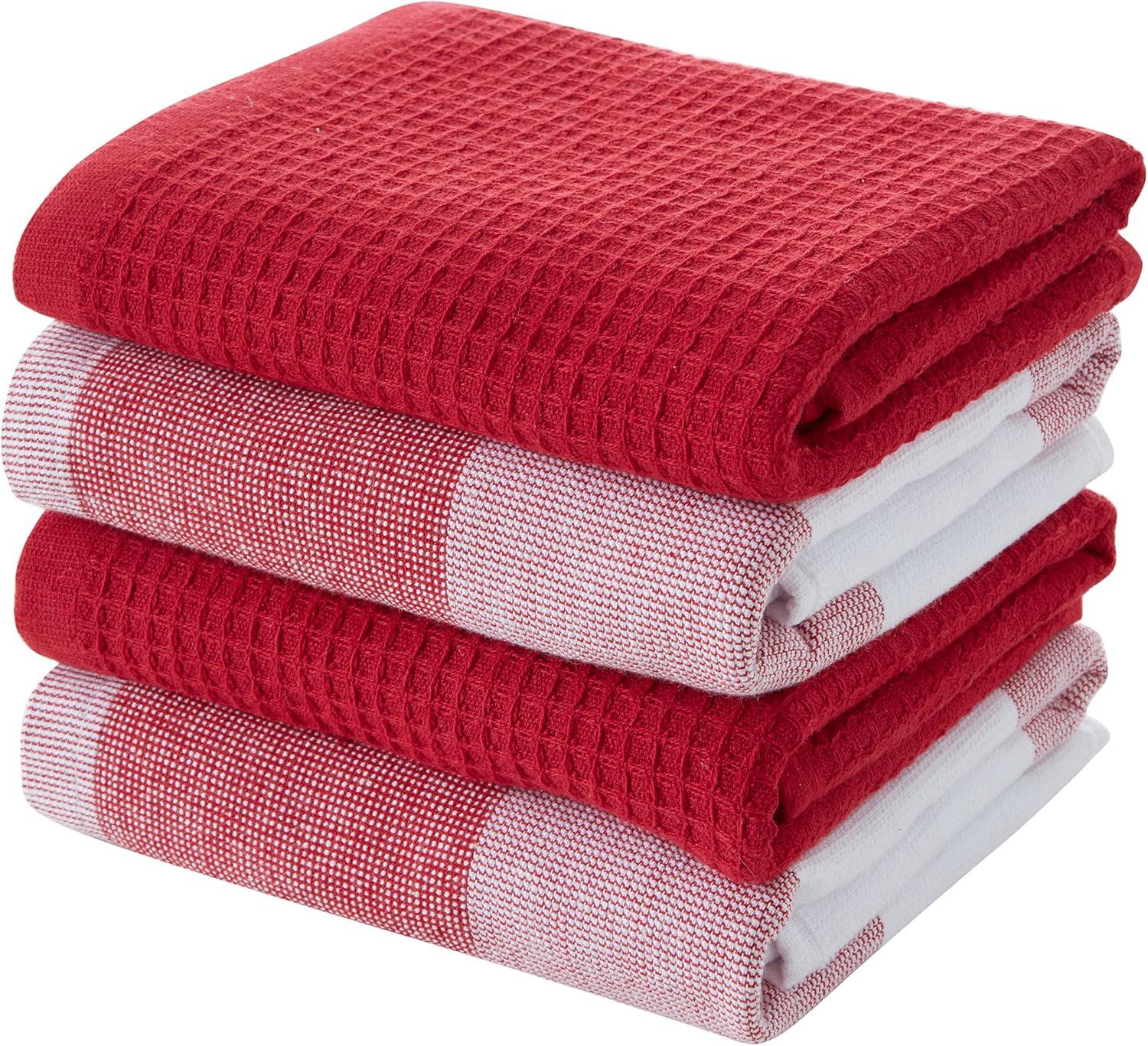 Cannon 4pk Cotton Jackson and Olivia Kitchen Towels Red: Classic Plaid & Solid Dish Towels, Waffle & Terry, Machine Washable