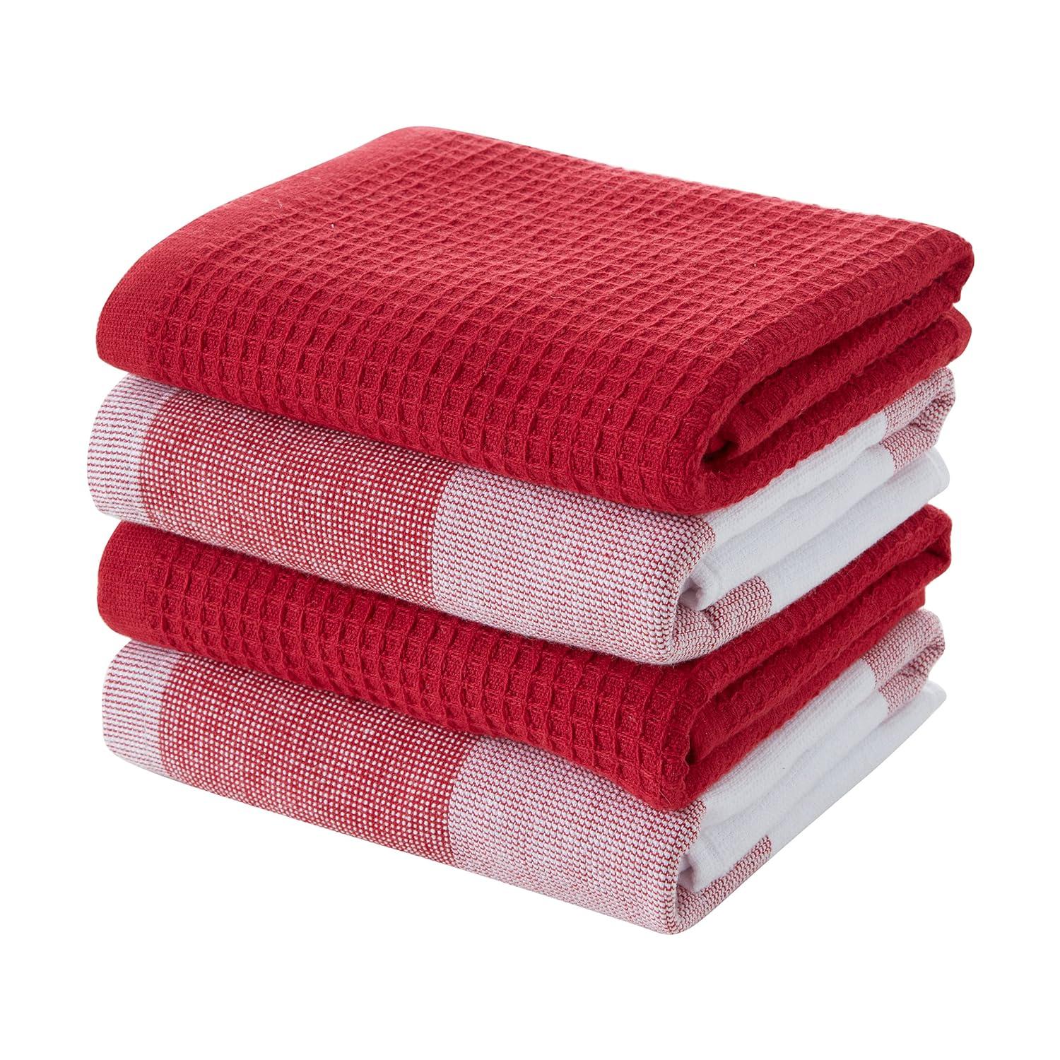 Cannon 4pk Cotton Jackson and Olivia Kitchen Towels Red: Classic Plaid & Solid Dish Towels, Waffle & Terry, Machine Washable
