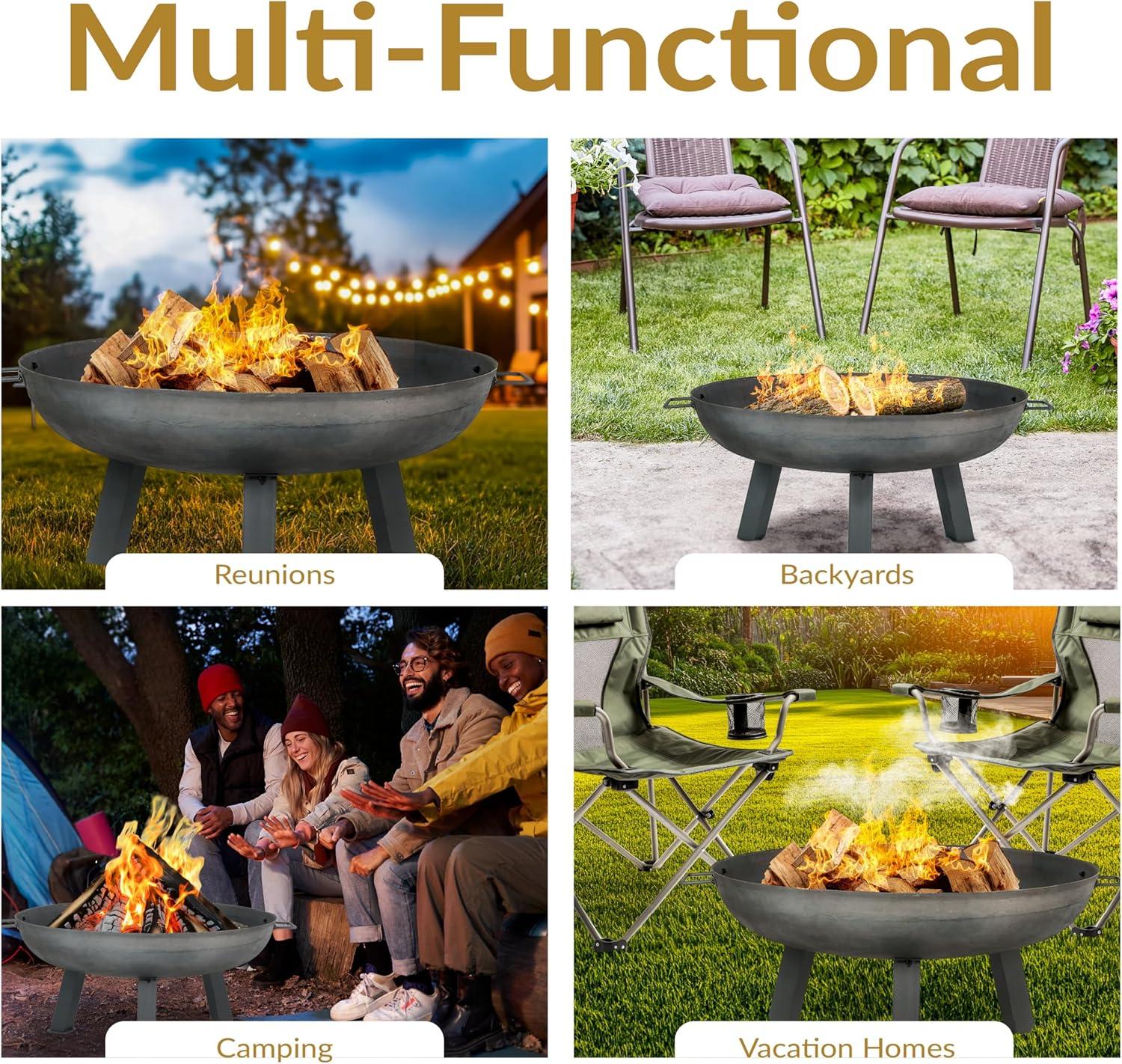 SunnyDaze Decor Union Round Wood-Burning Steel Finish Cast Iron Outdoor Raised Fire Pit Bowl