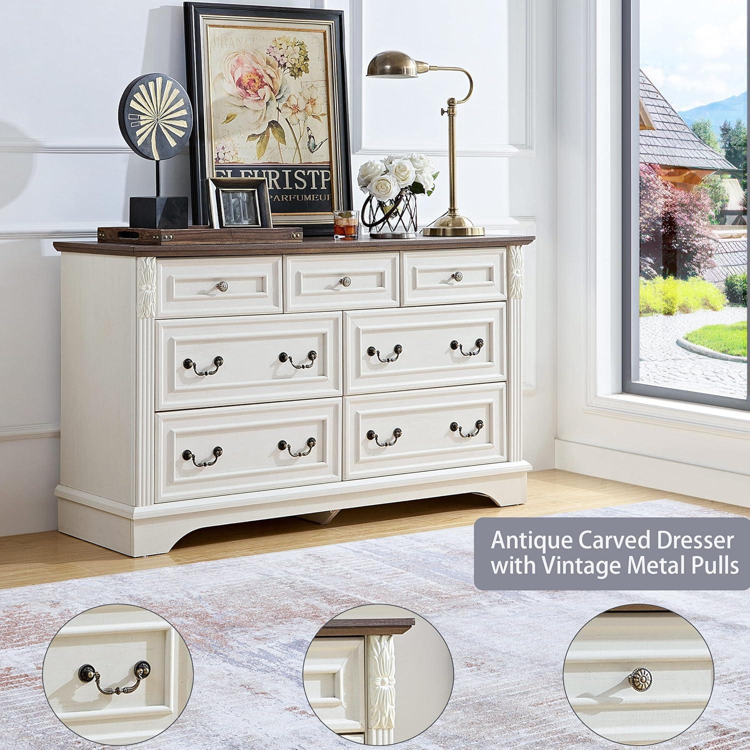 Farmhouse 7 Drawers Dresser, Dressers for Bedroom, 54" Wide Wood Rustic Chest of Drawers with Carved Pilasters, Storage Organizer, Living Room, Hallway, Antique White