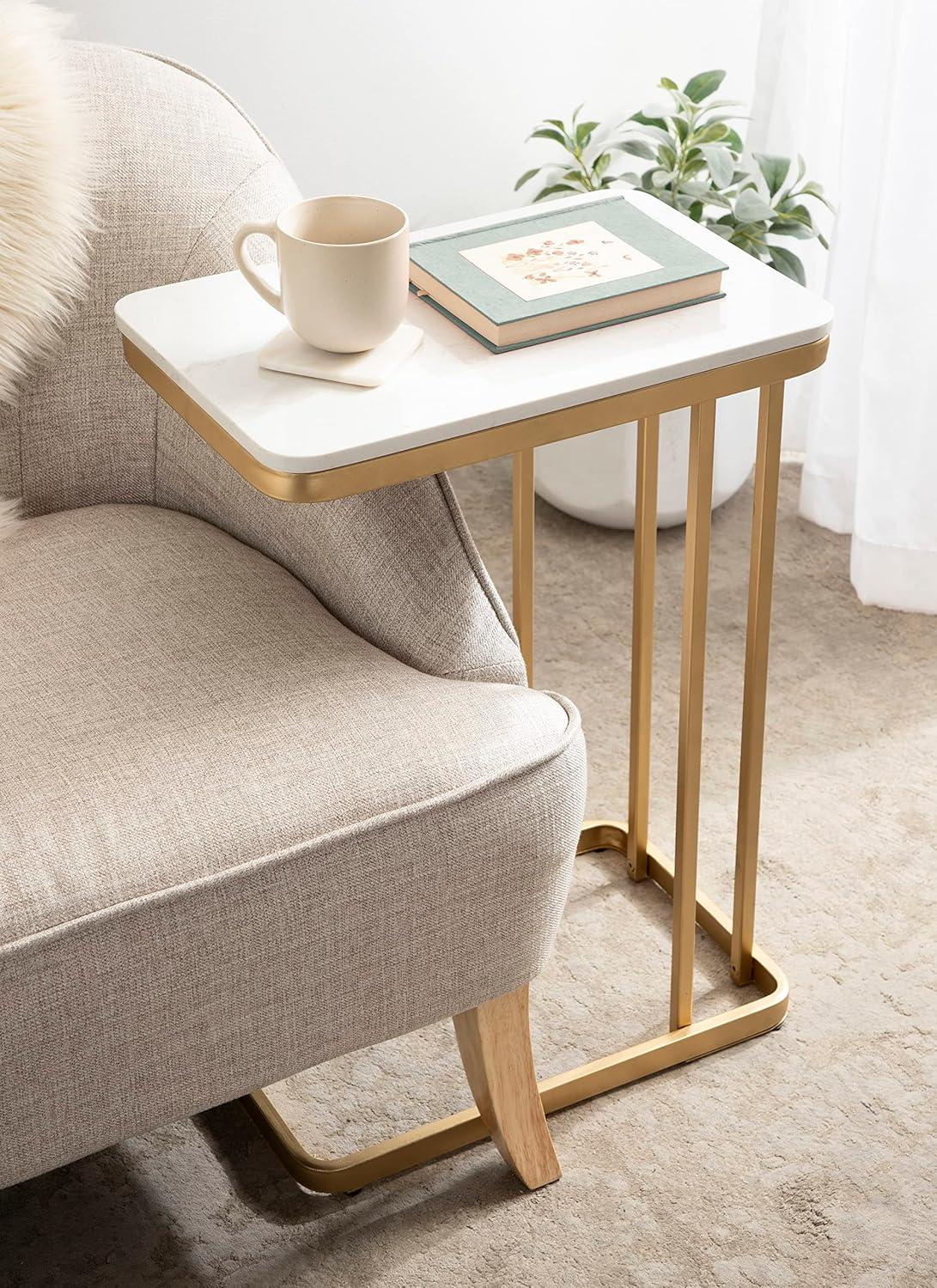 White Cultured Marble and Gold Metal C-Table