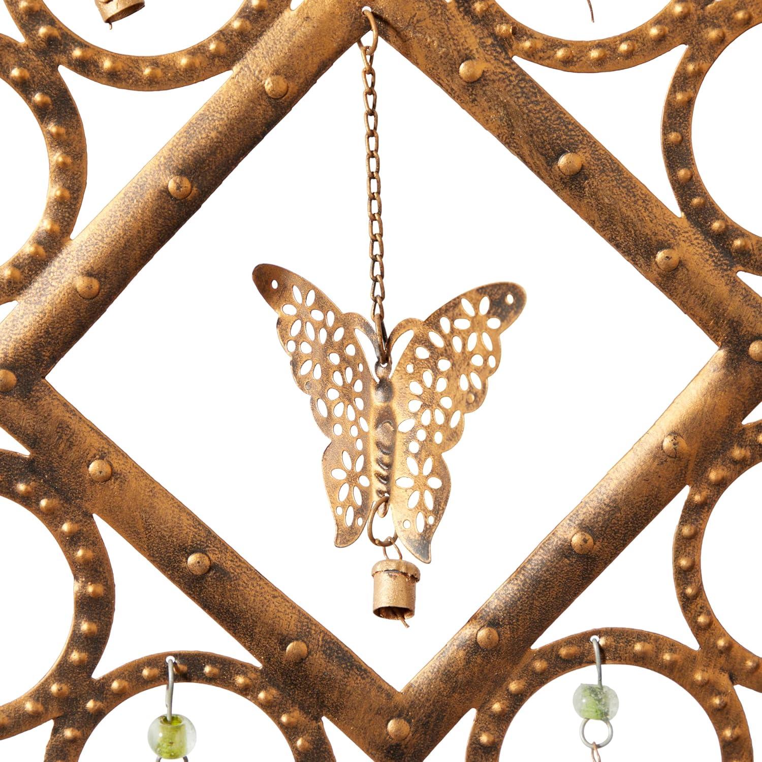 DecMode 36" Brass Metal Butterfly Windchime with Beads and Cone Bells