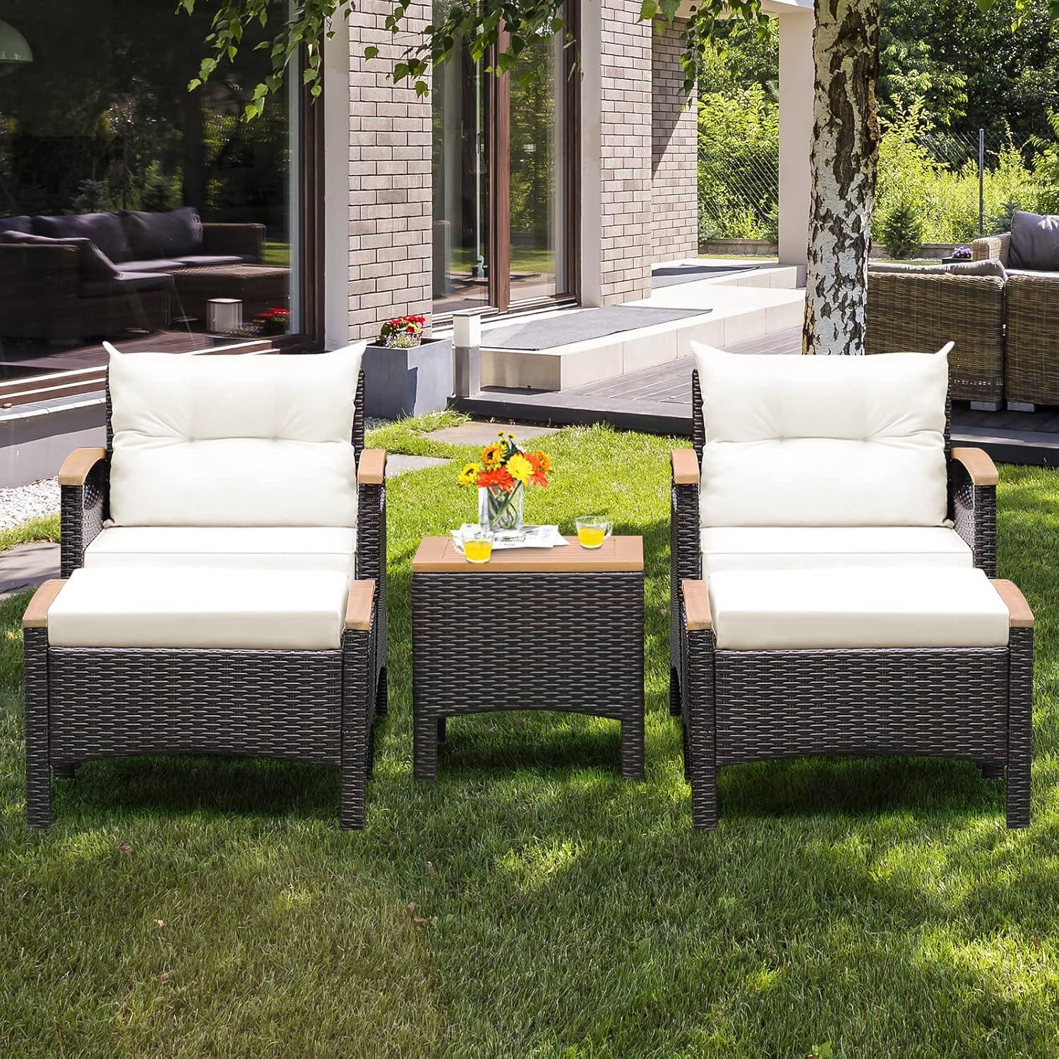 5-Piece Brown Wicker and Wood Patio Set with White Cushions