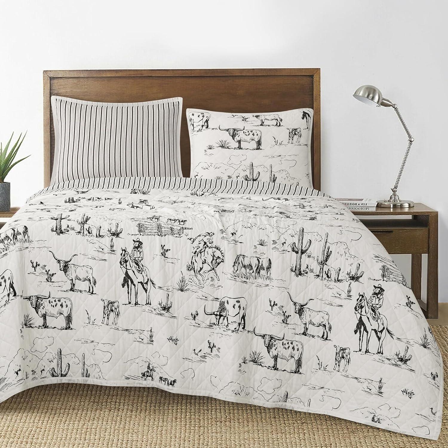 Paseo Road by HiEnd Accents Ranch Life White/Black Cotton Reversible Western Rustic Farmhouse 3 Piece Quilt Set