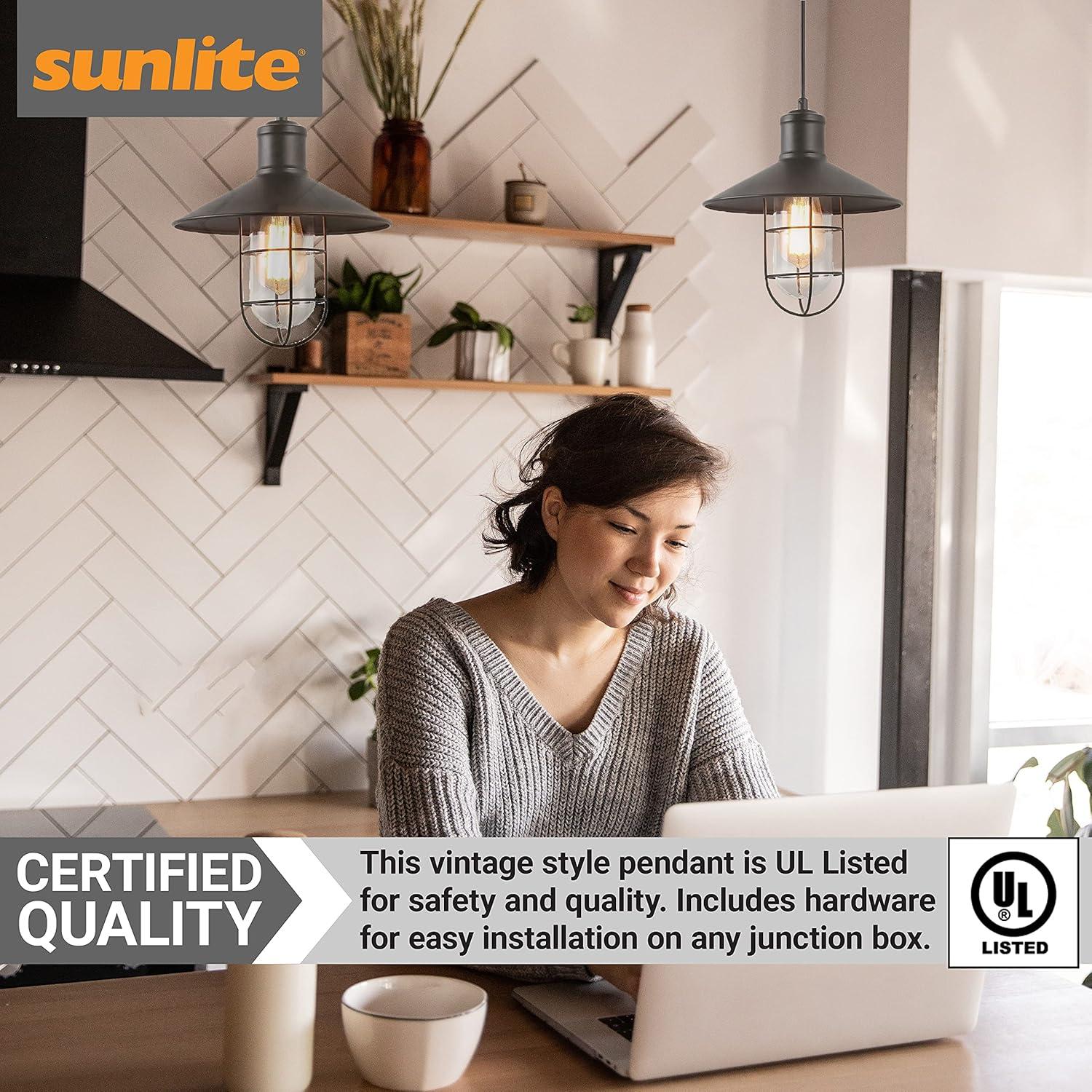 Sunlite 07005-SU Vintage-Inspired Caged Canopy Pendant, Industrial Style, Farmhouse Country-Chic Décor, Medium Base Socket (E26), 68” Braided Woven Cord, 60 Watts Max, UL Listed, Satin Black Finish