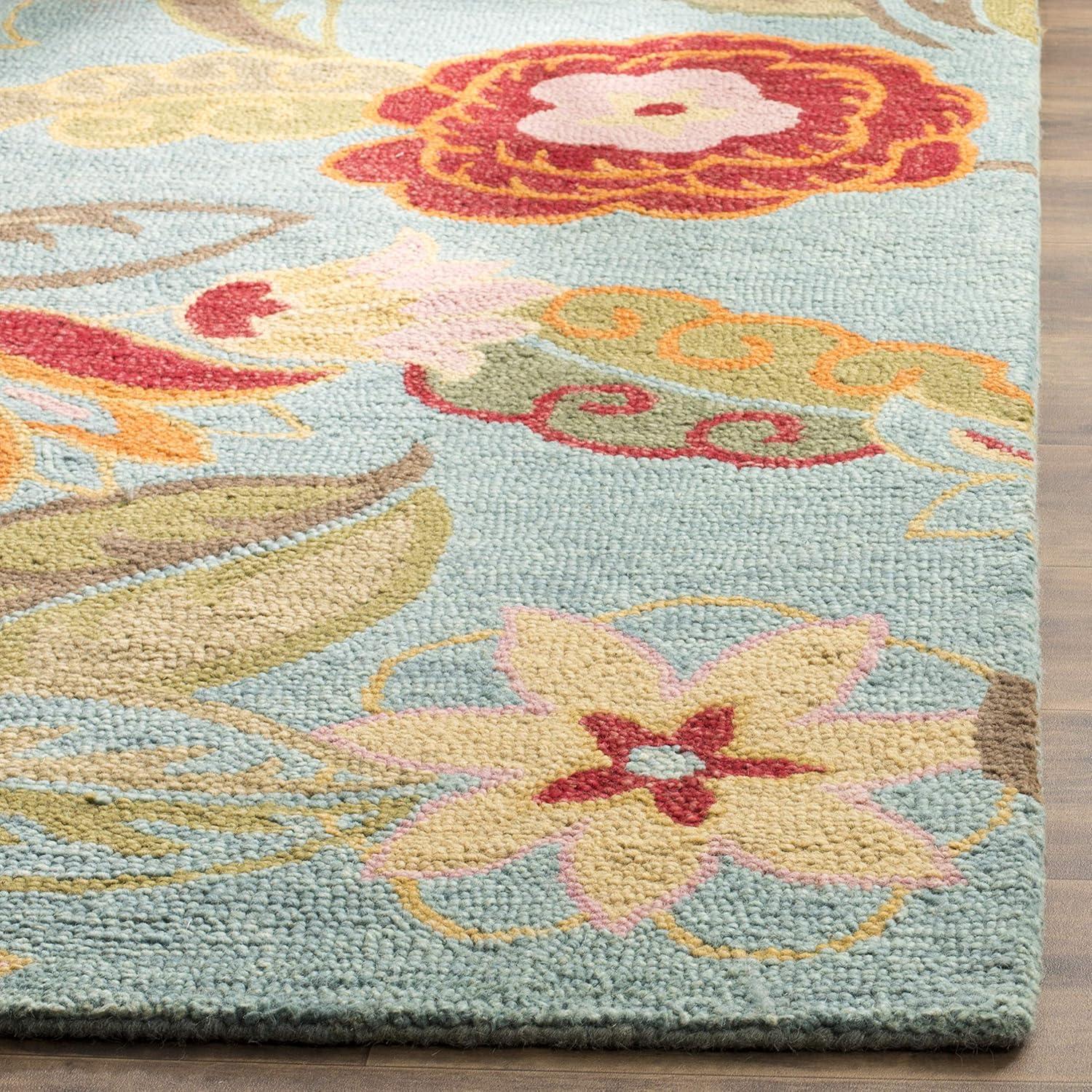 Hand-Knotted Blossom Blue Floral Wool Runner Rug, 2'6" x 12'