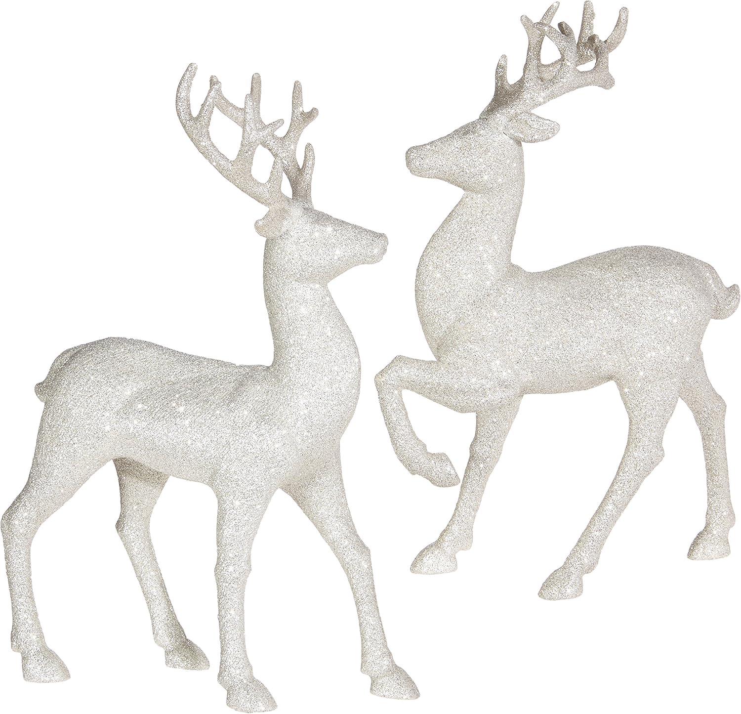 Set of 2 Silver Glitter Winter Deer Figurines