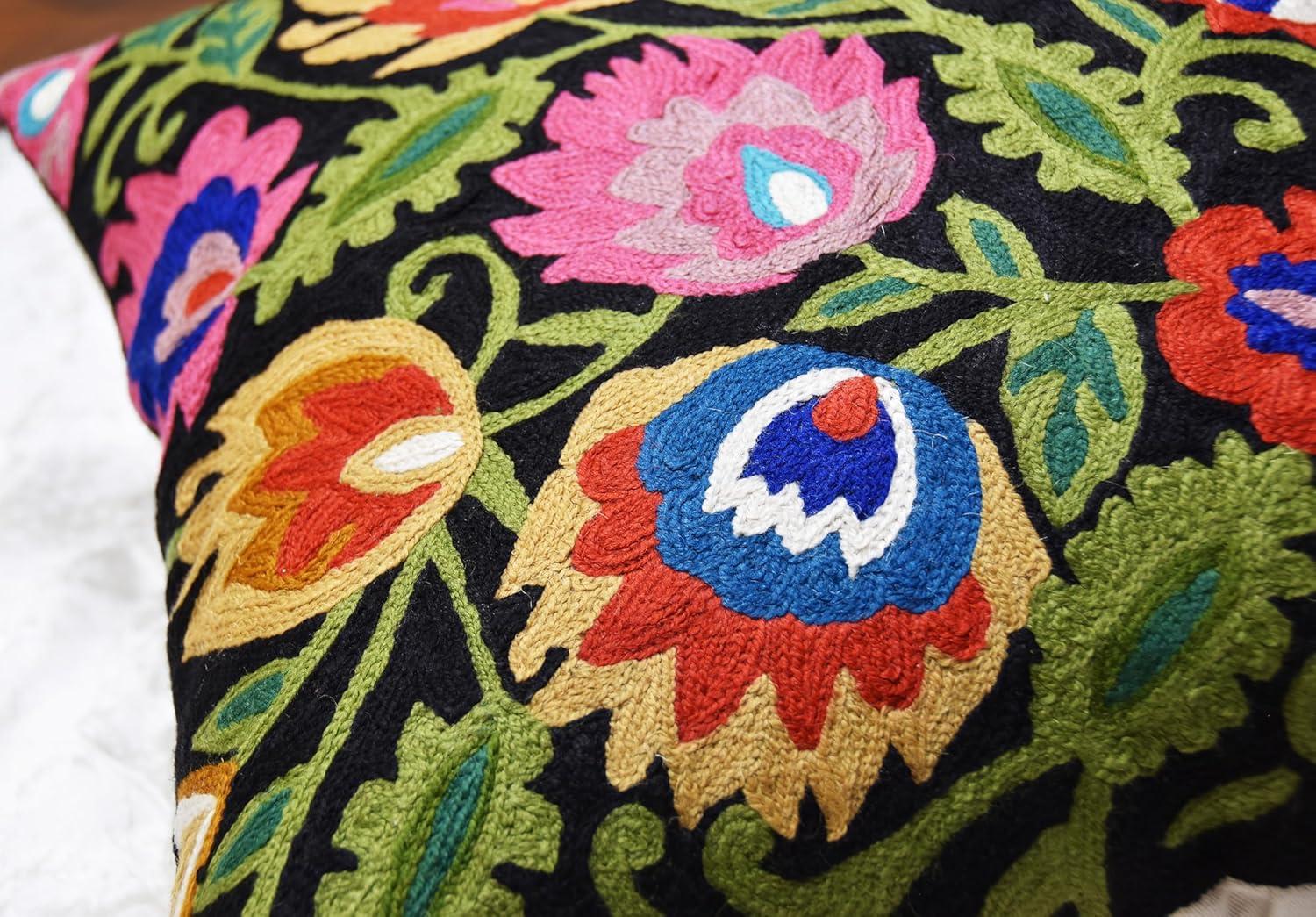 Modern Cream Decorative Floral Pillow Cover Needlepoint White Flower Hand Embroidered Pillowcase Flowery Outdoor Suzani Accent Cushion Boho Chair Modern Chair Pillowsham Wool Size 18x18